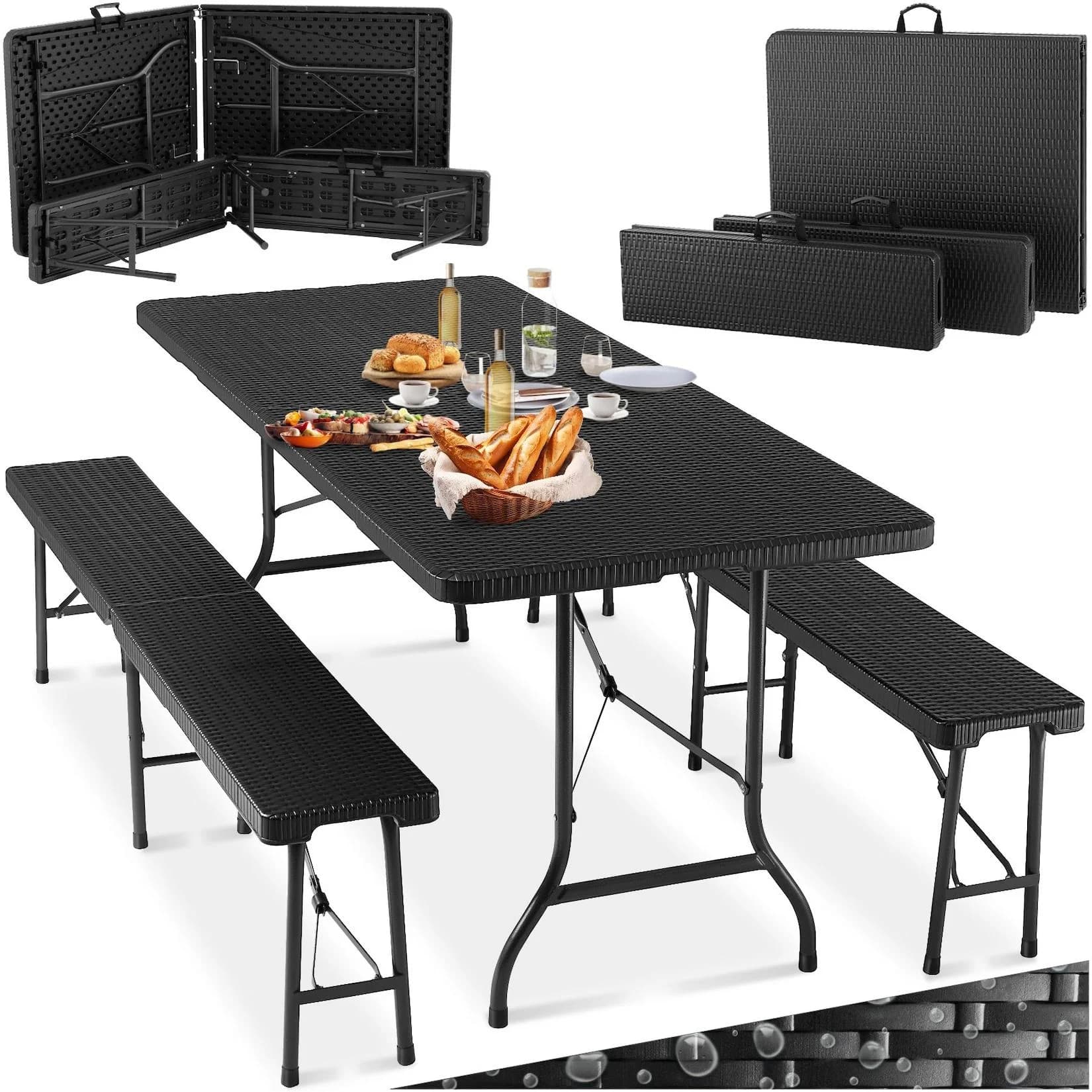 tectake Campingtisch Vani 3-tlg. Klappgarnitur mit Rattanoptik