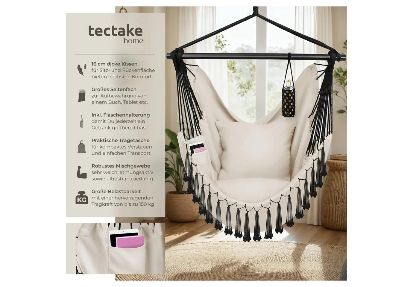 tectake Hängesessel Malika Beige mit Kissen und Getränkehalter