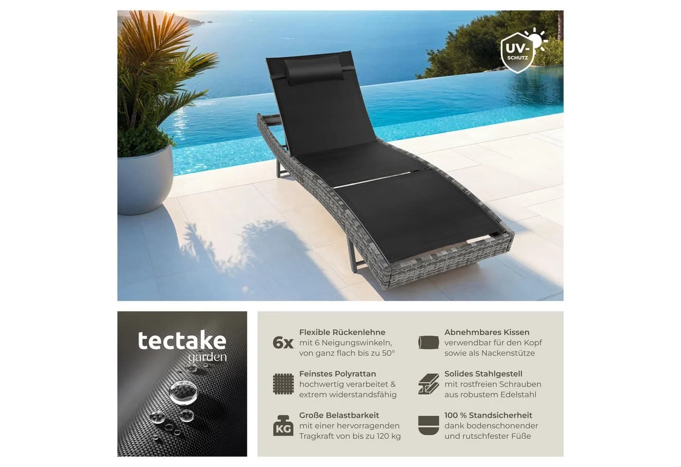 tectake Gartenliege Moana Grau Meliert Verstellbar
