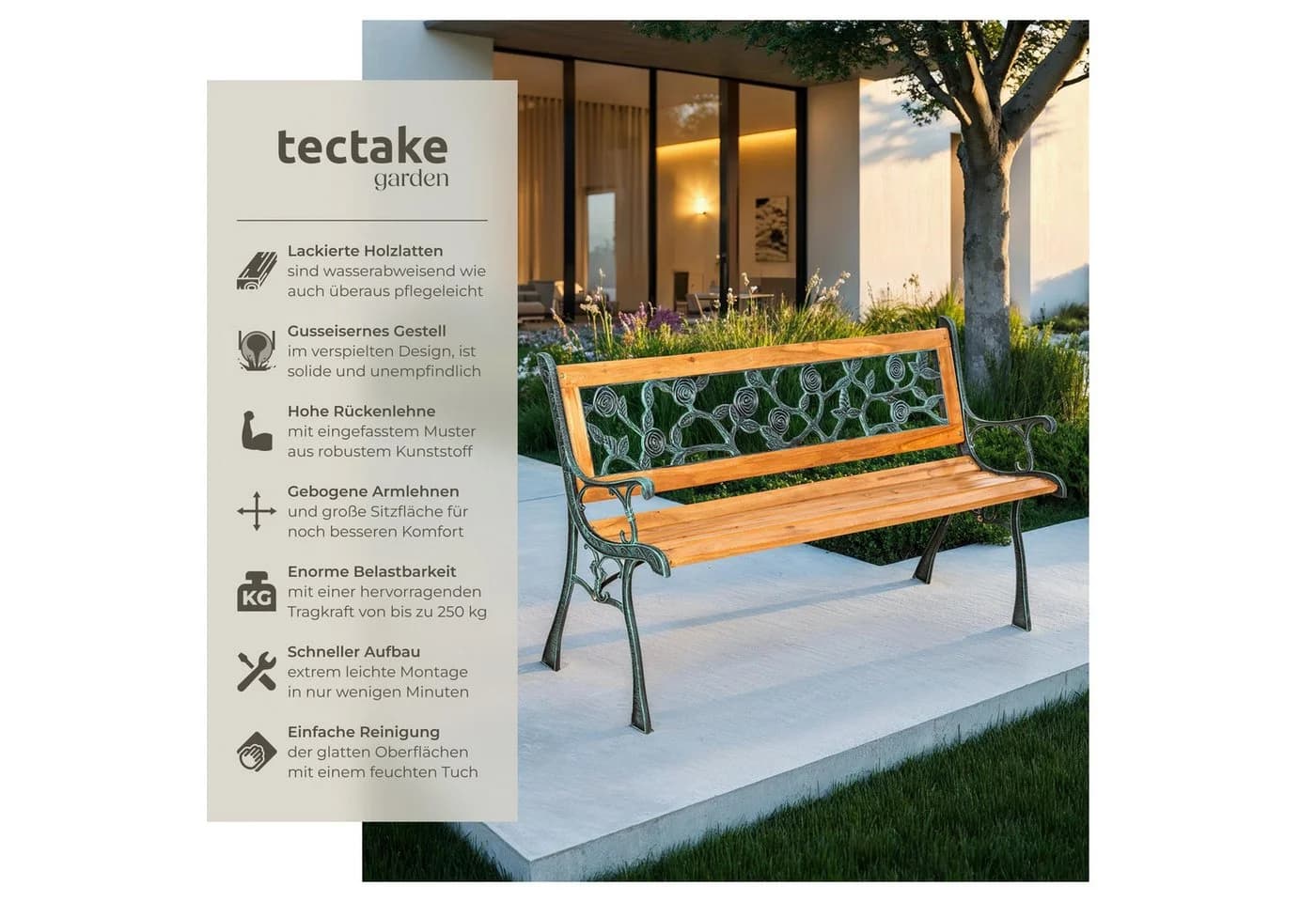 tectake Gartenbank Marina 2-Sitzer Holz Gusseisen