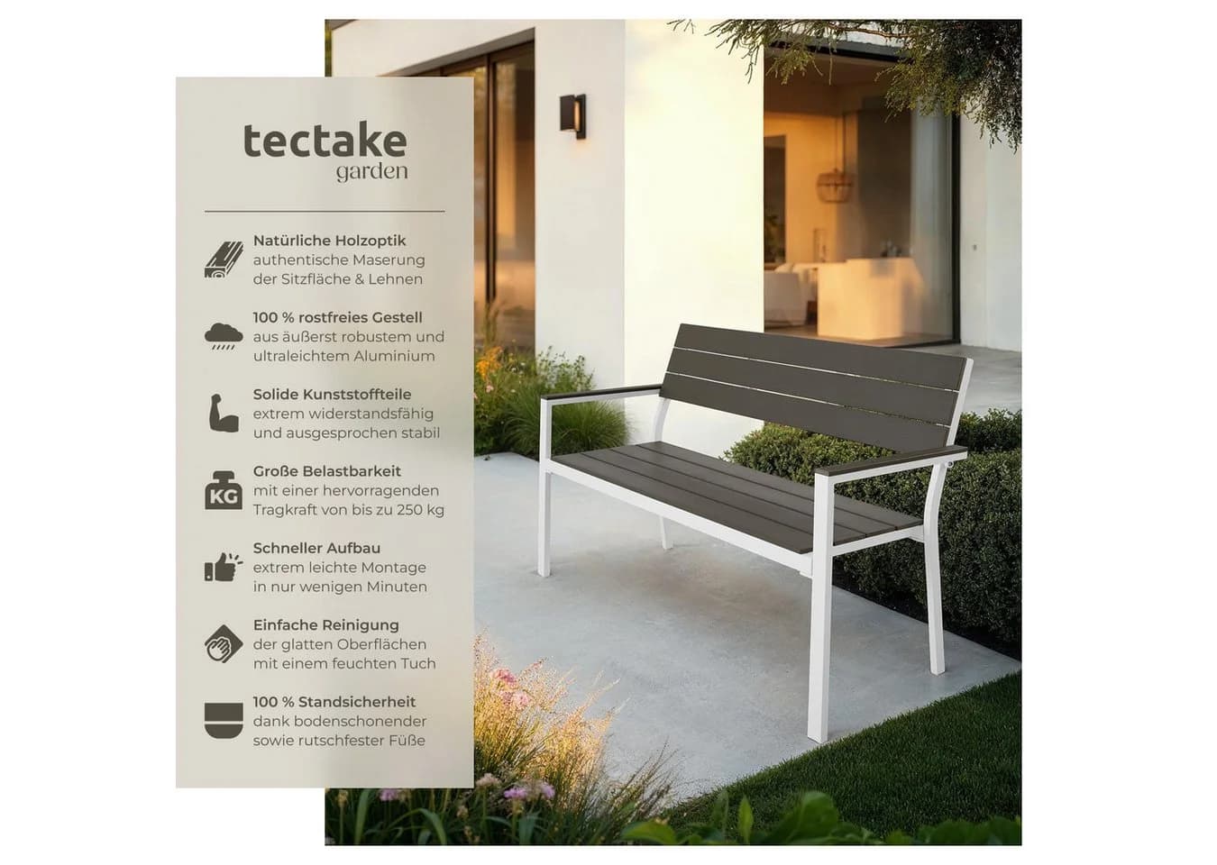TECTAKE Gartenbank Line 2-Sitzer Grau/Weiß Aluminiumrahmen