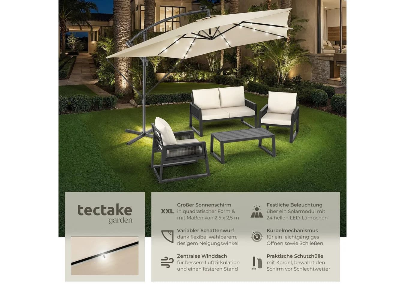 TECTAKE Ampelschirm Sunna Beige mit Solar-LED & Winddach