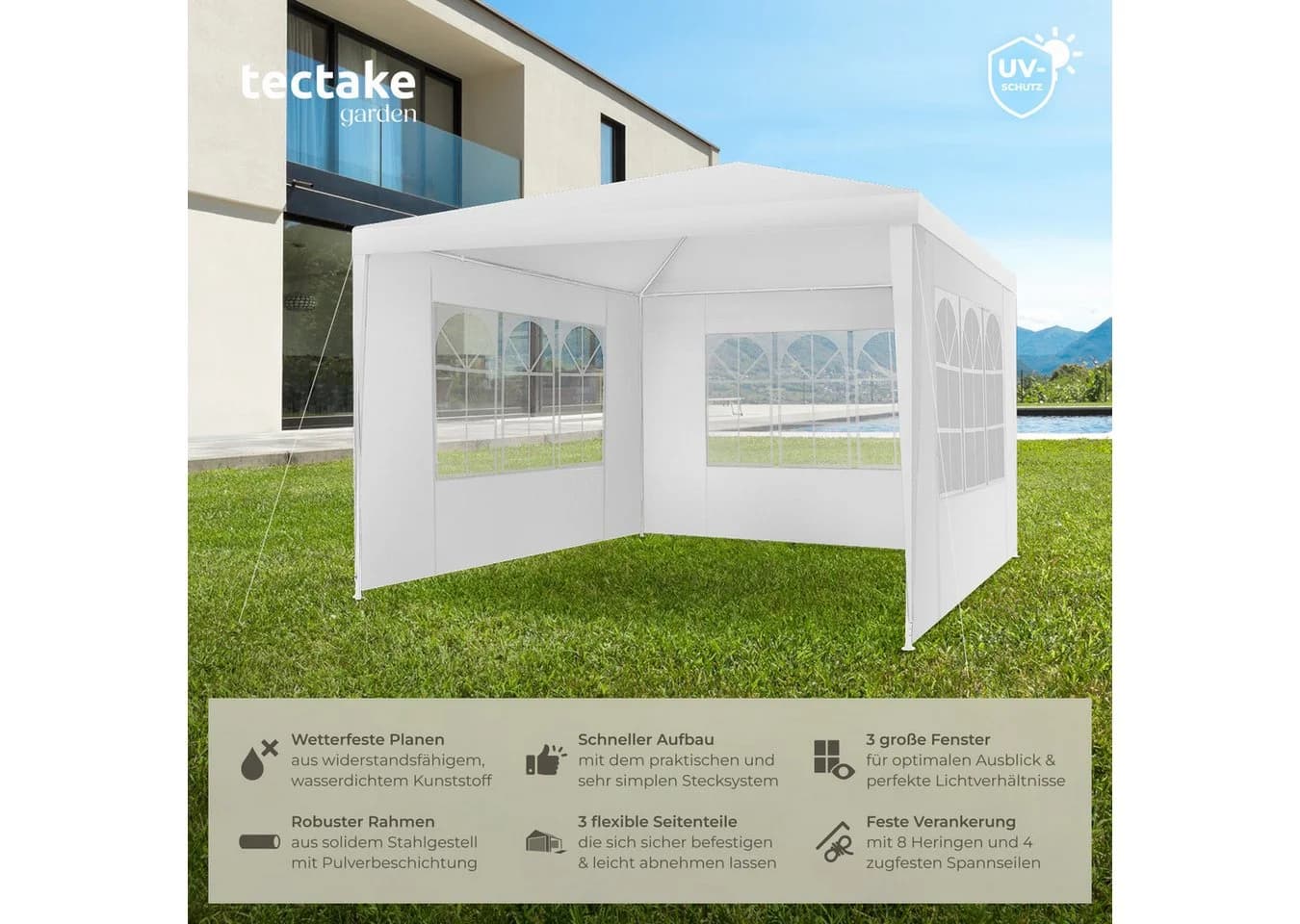 tectake Pavillon Partyzelt Barinas 3x3m Wasserdicht mit Seitenteilen