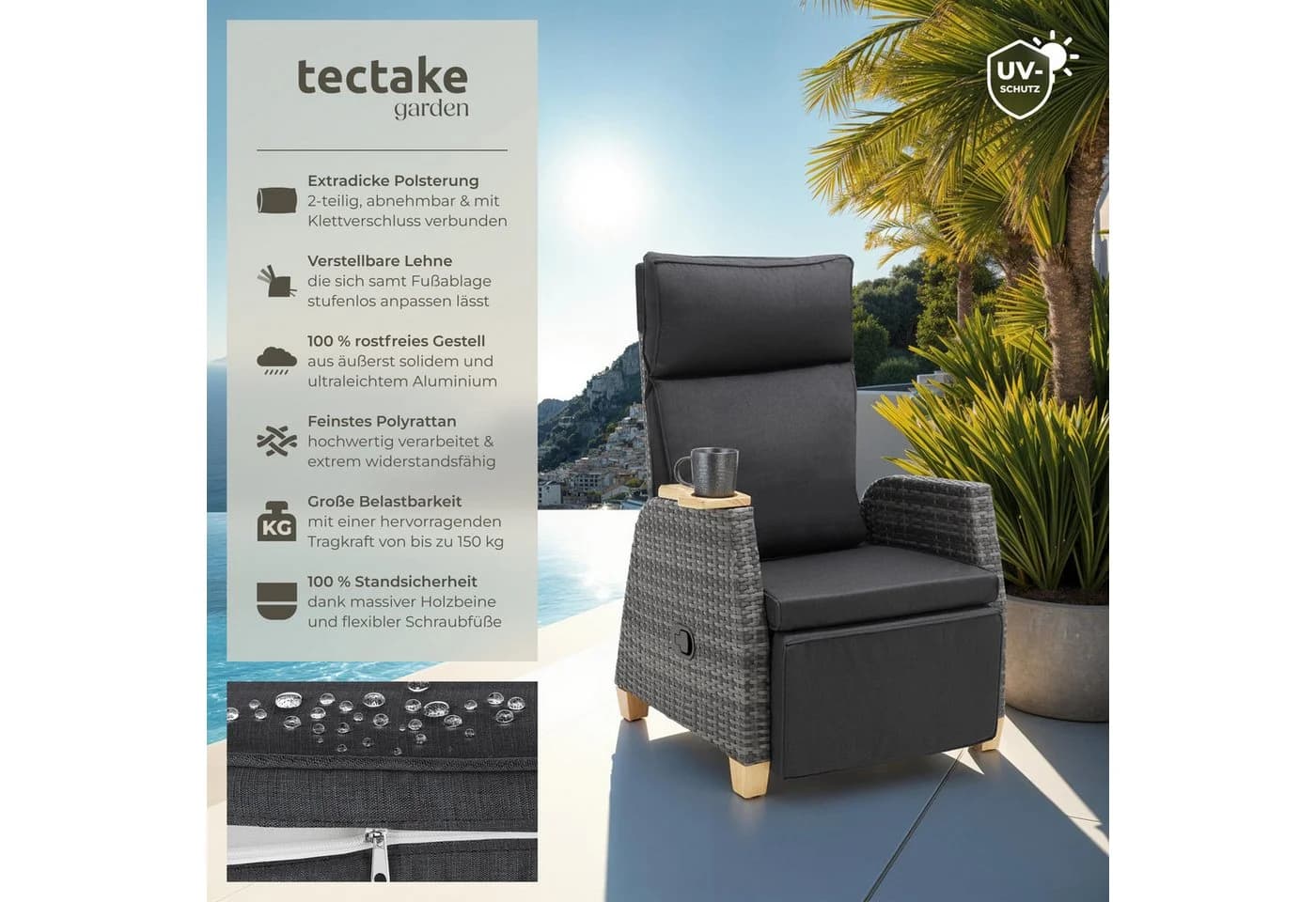 tectake Rattansessel Pescara mit Aluminiumgestell, Lehne verstellbar, Set 2 St
