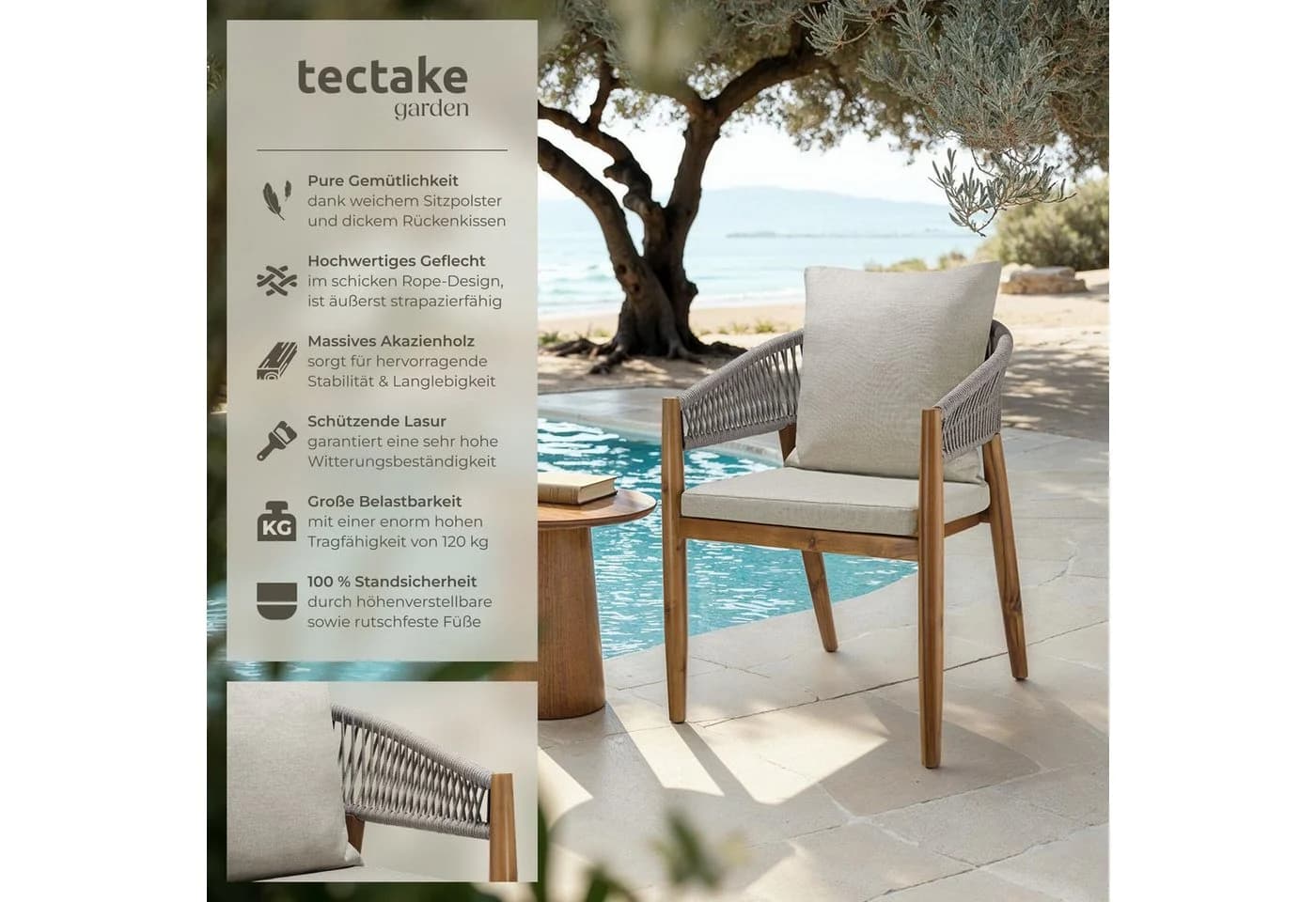 TECTAKE Gartenstuhl Manacor Akazienholz Grau/Beige 4er Set