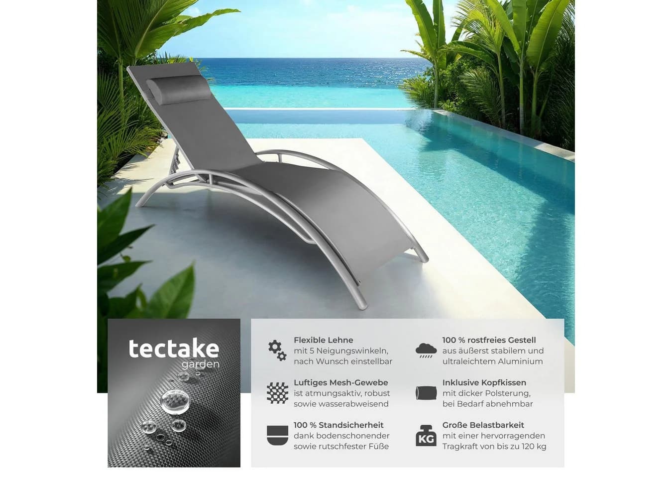 tectake Gartenliege Aluminium Sonnenliege Grau 180x59x50cm