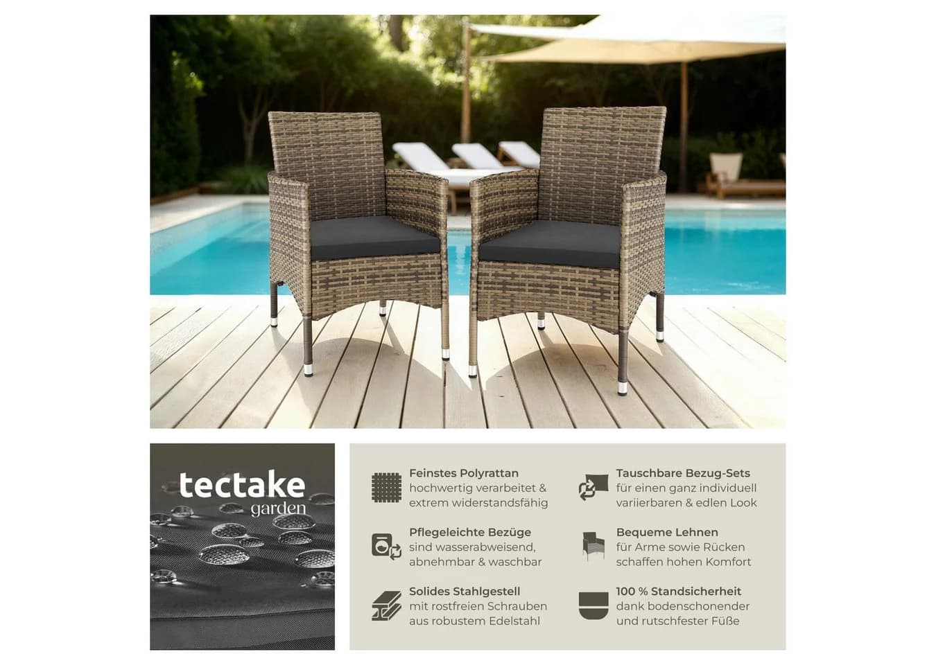 tectake Rattanstuhl 2er Set Rattan Polsterbezüge Beige/Grau