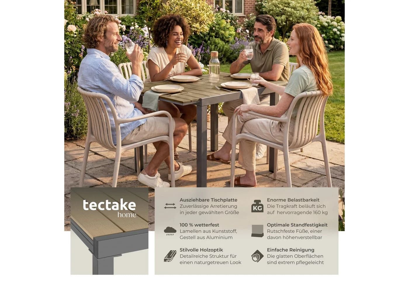 TECTAKE Gartentisch Inca aus Aluminium Schwarz/Braun ausziehbar
