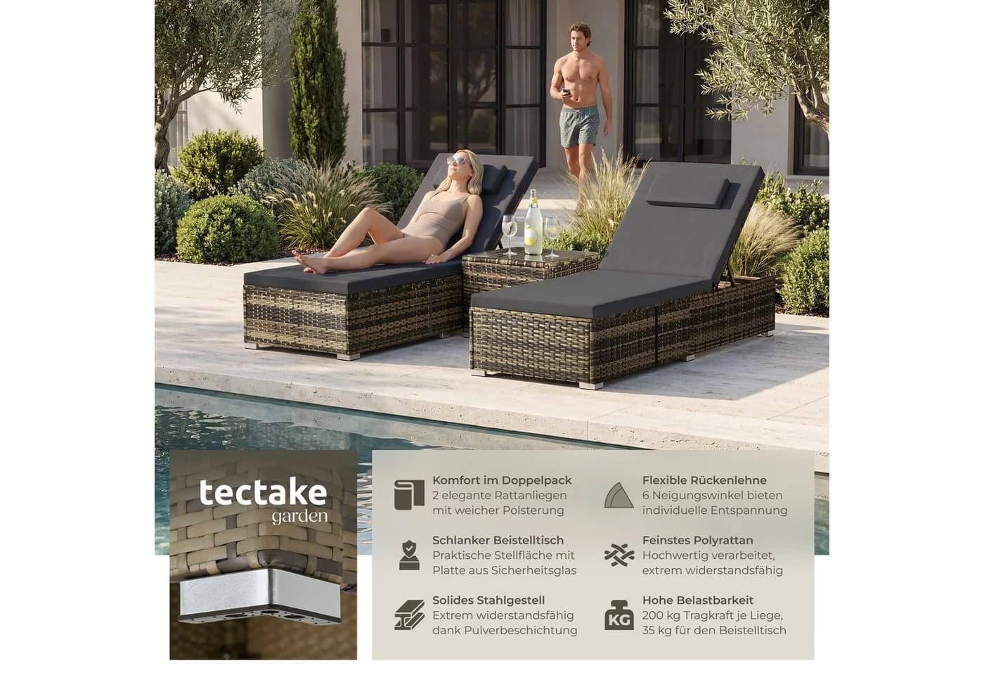TECTAKE Rattan-Doppelliege Carbonera mit Tisch, verstellbar, beige