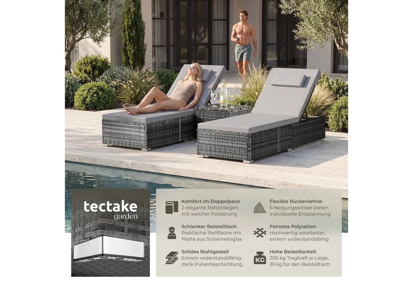 TECTAKE Rattan-Doppelliege Carbonera mit Tisch grau