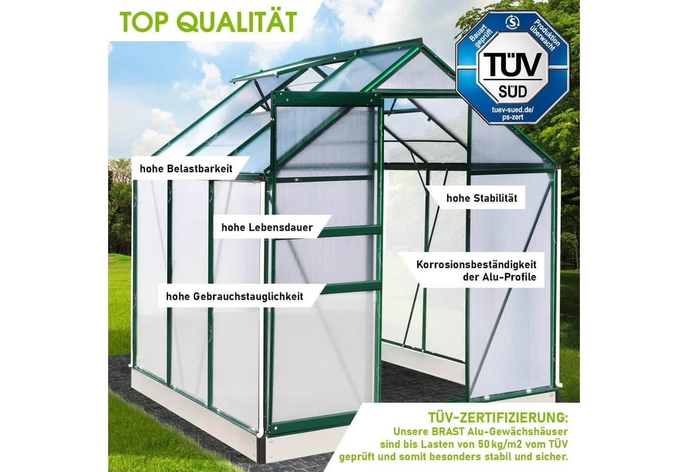 BRAST Gewächshaus Aluminium 190x190x195cm TÜV-geprüft