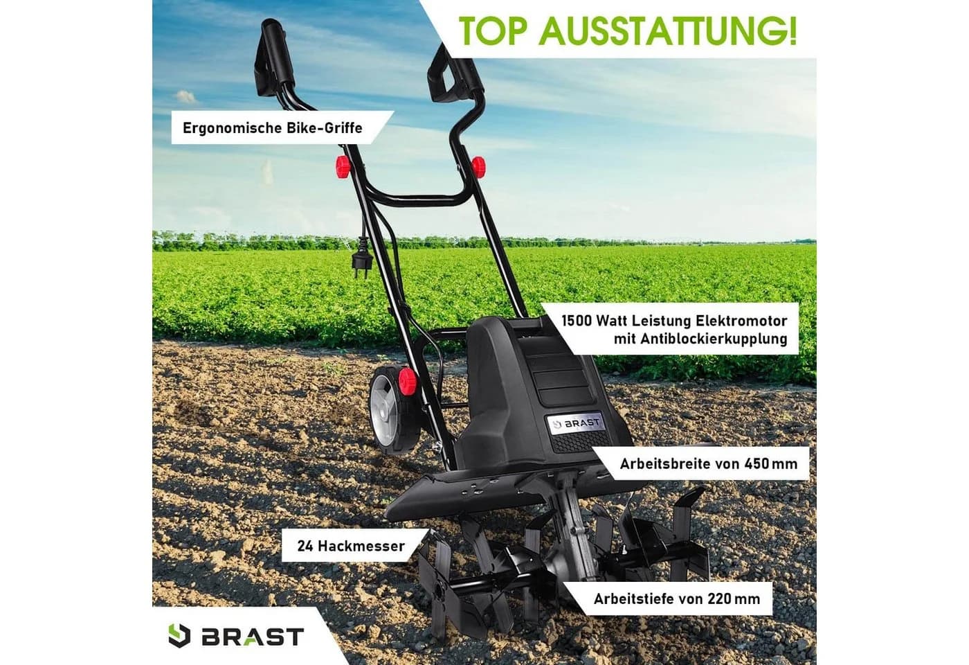 BRAST Elektro Motorhacke 1500W Gartenfräse mit 45cm Arbeitsbreite