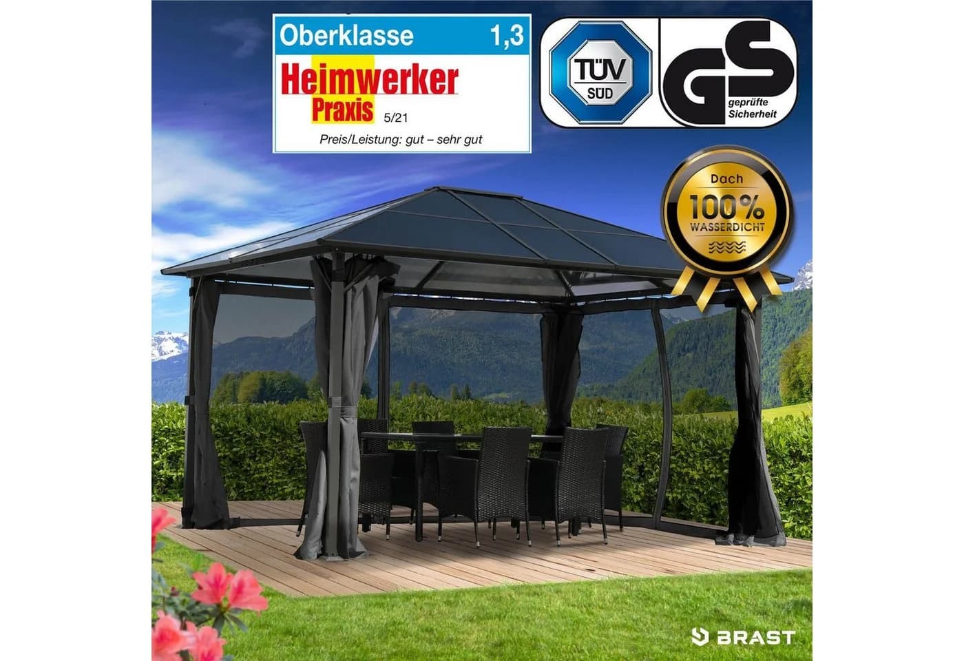 BRAST Pavillon Premium Aluminium Grau Anthrazit mit Moskitonetz