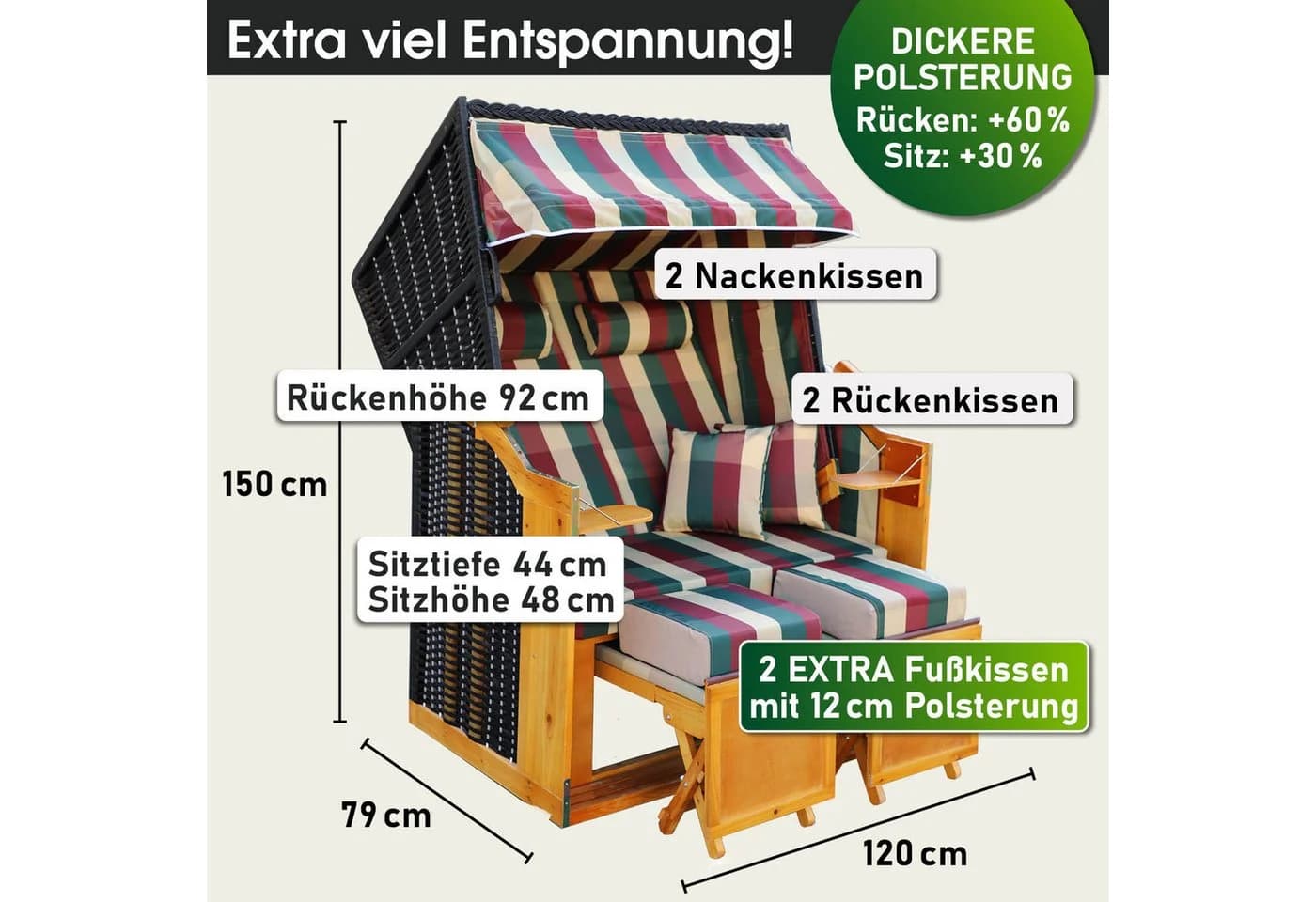 BRAST Strandkorb für 2 Personen, 120 cm breit, 5 Designs, Volllieger, Rügen Deluxe
