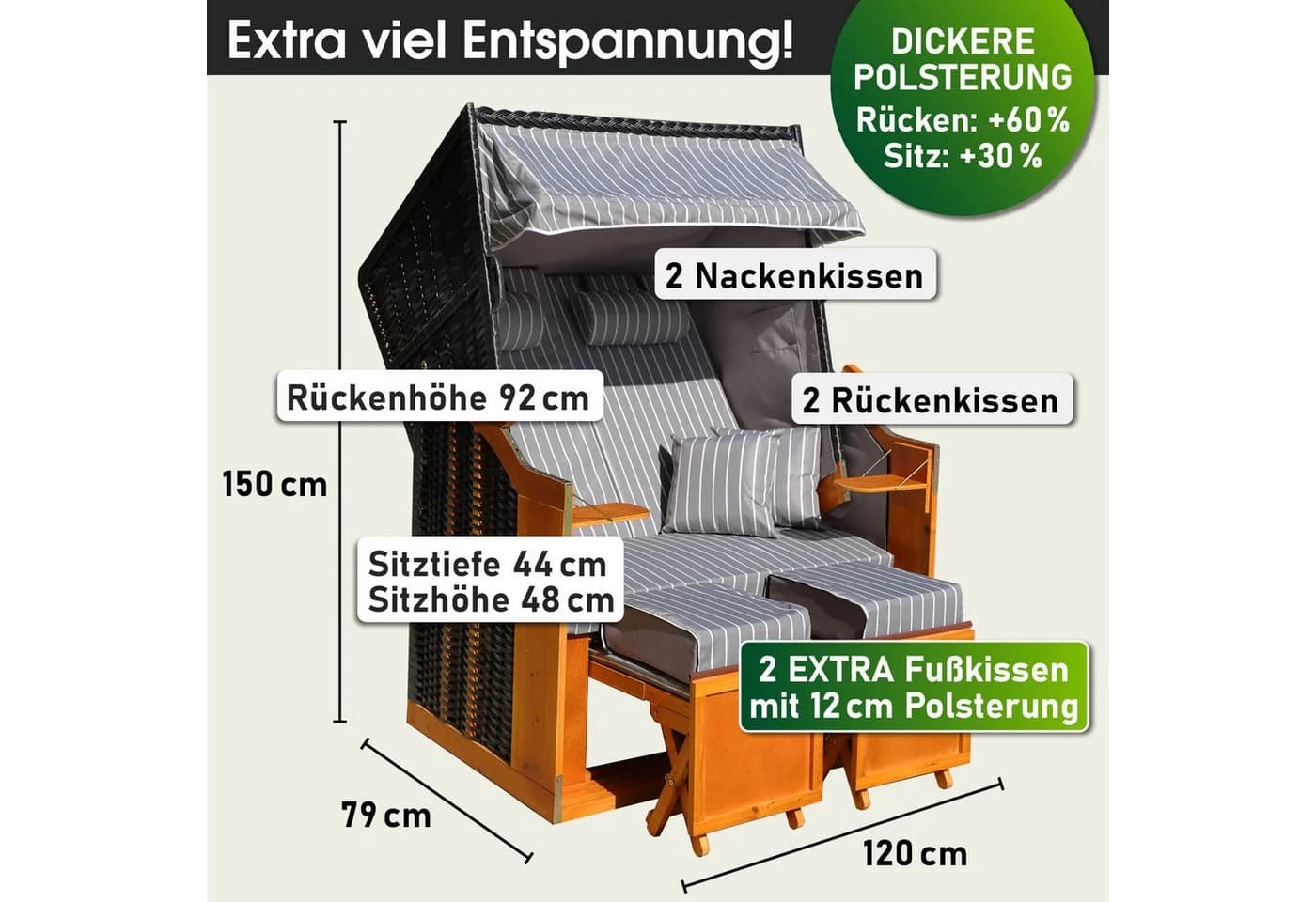 BRAST Strandkorb Rügen Deluxe Volllieger 2-Sitzer Grau Polyrattan