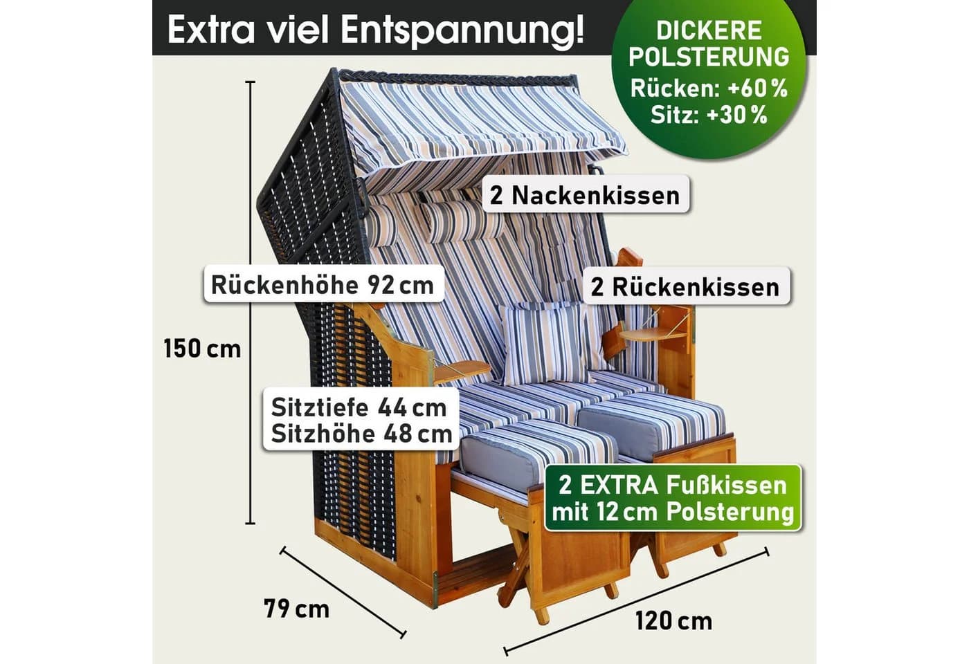 BRAST Strandkorb Rügen Deluxe 2-Sitzer mit verstellbarer Lehne