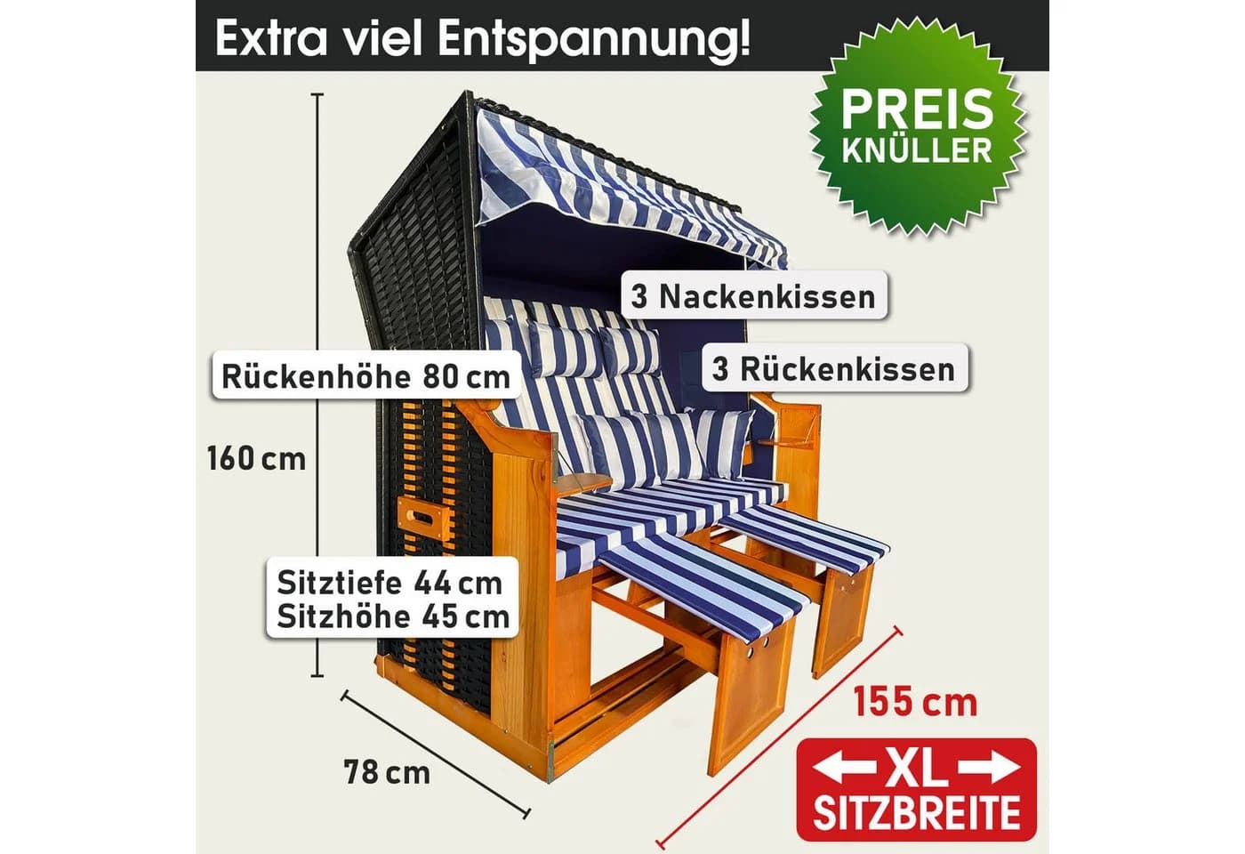 BRAST Strandkorb 3-Sitzer XL Blau/Weiß Polyrattan