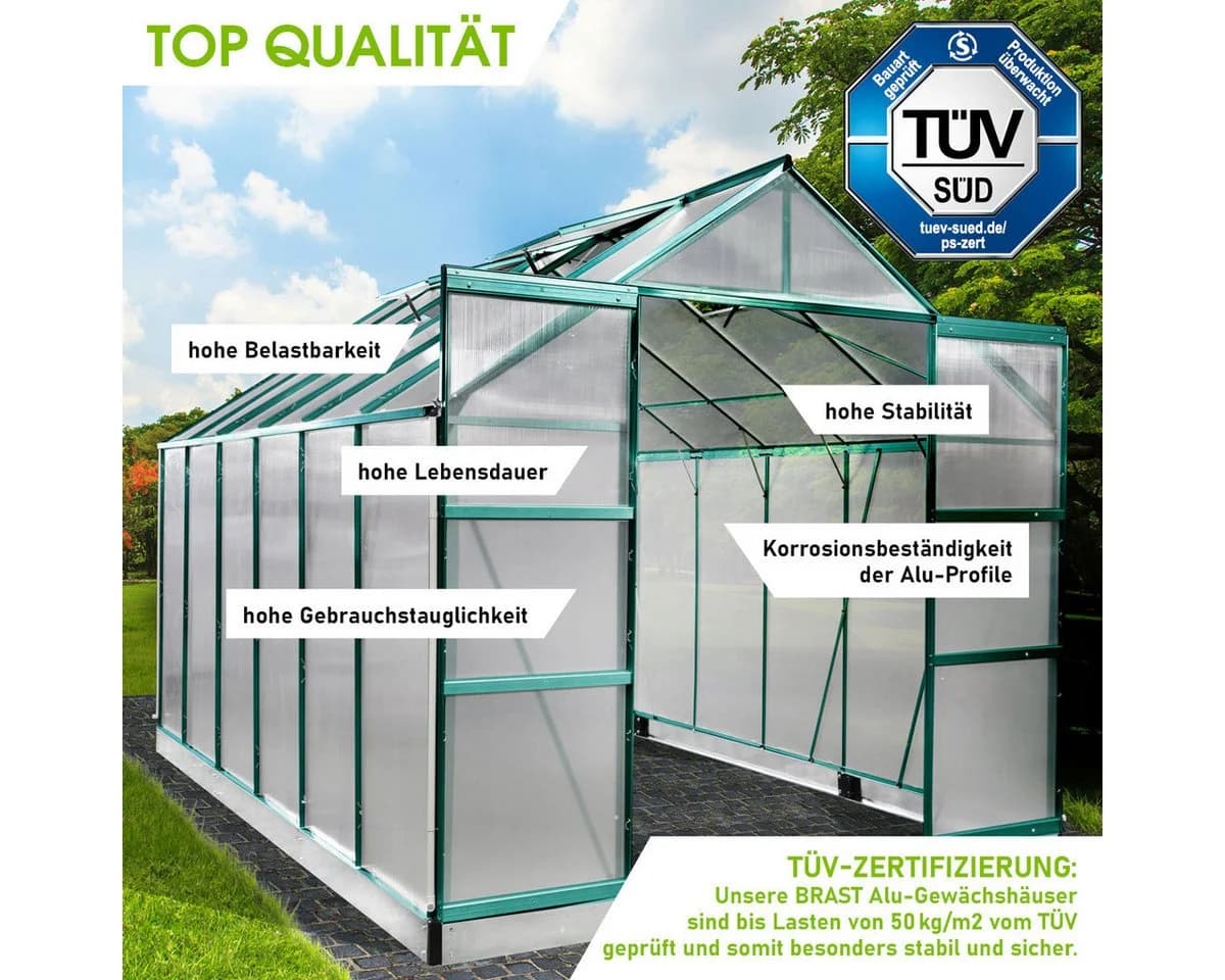 BRAST Gewächshaus ALU mit Fundament 380x250x235cm TÜV geprüft