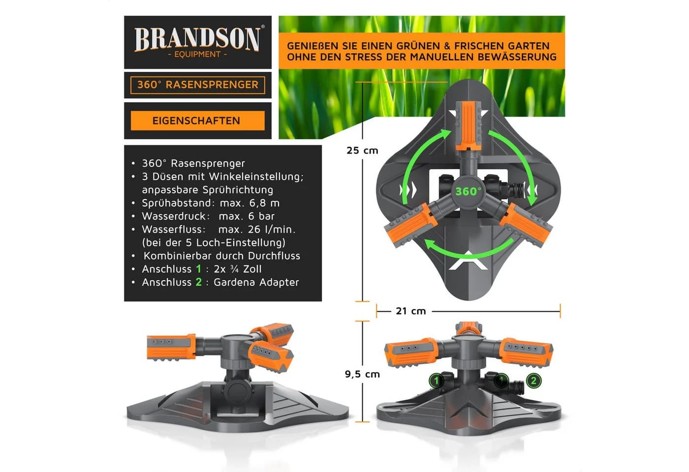 Brandson 360 Grad Gartensprinkler 360° Rasensprenger 3 Arm