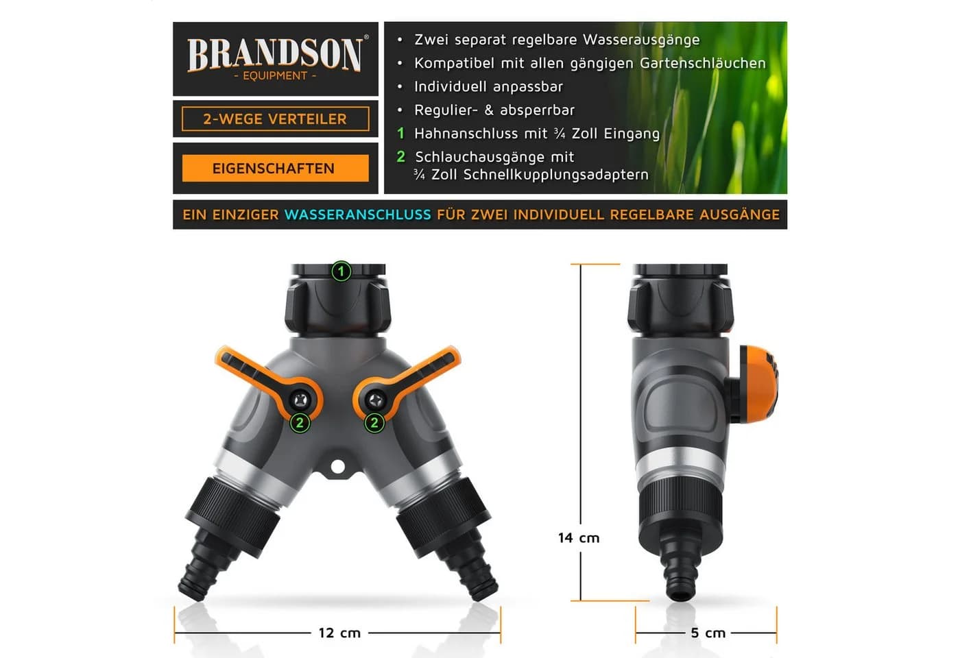 Brandson 2-Wege Wasserverteiler Y-Verteiler 3/4 Zoll Schwarz/Orange
