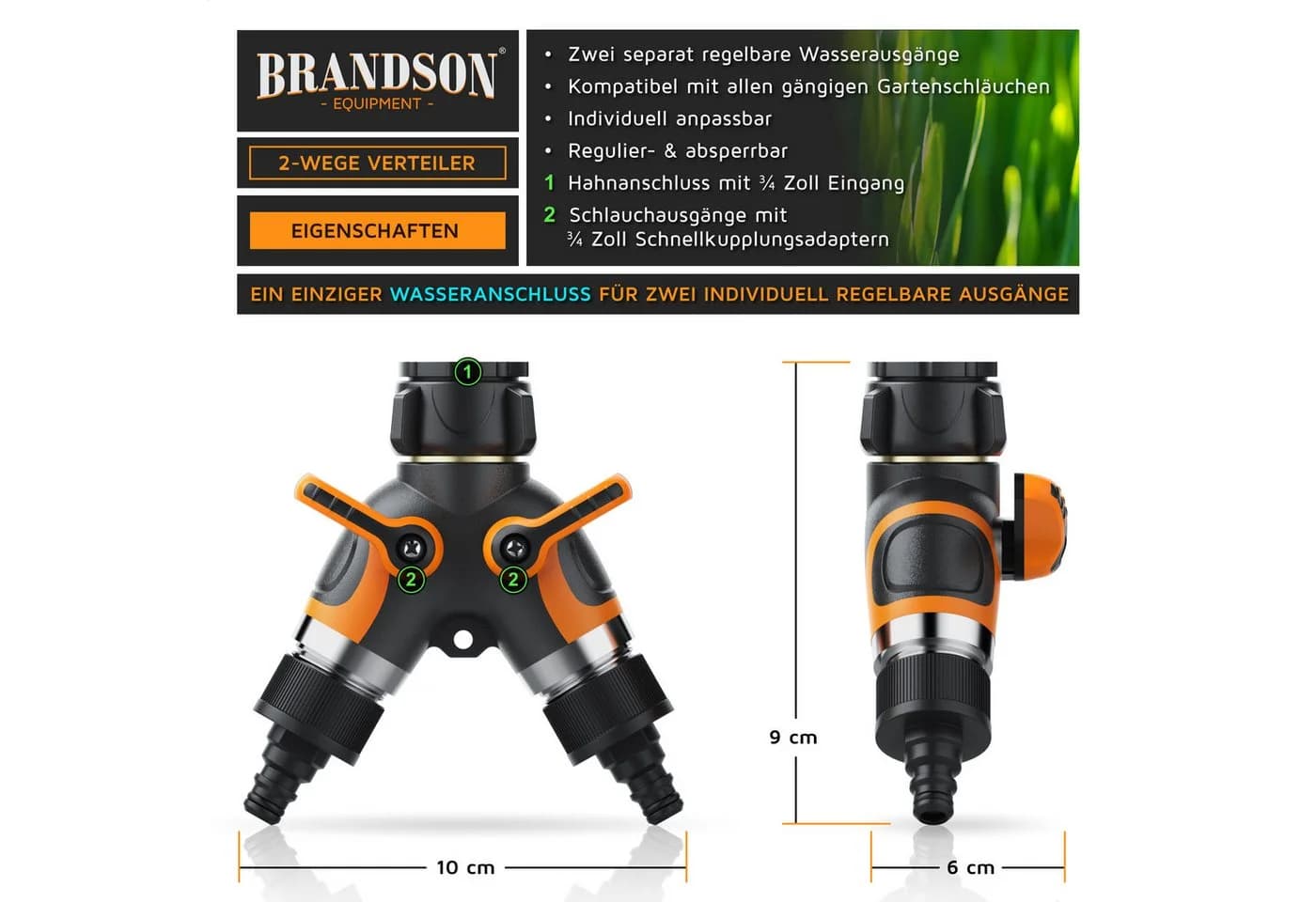 Brandson 2-Wege Wasserverteiler Y-Verteiler Schwarz/Orange