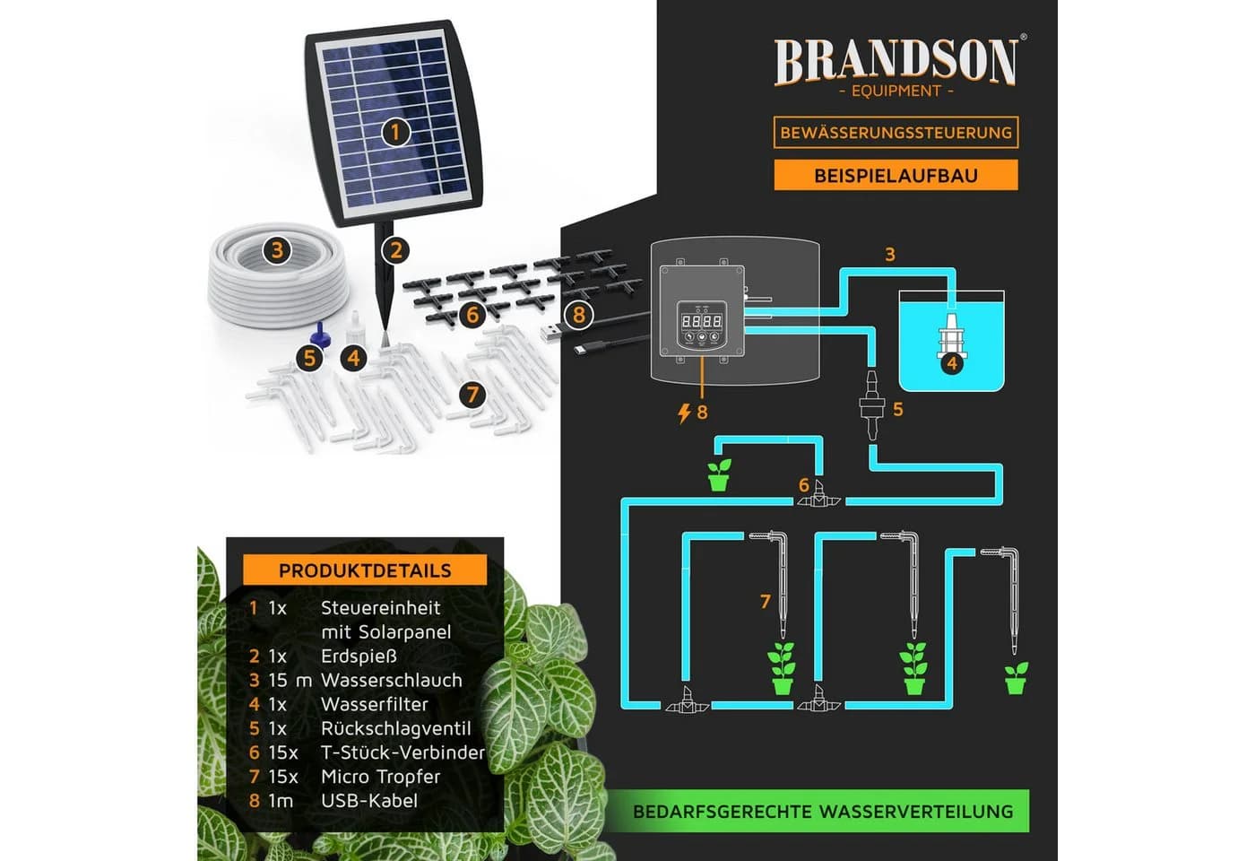 Brandson Bewässerungscomputer mit Solarpanel 35-tlg. Tropfbewässerungssystem