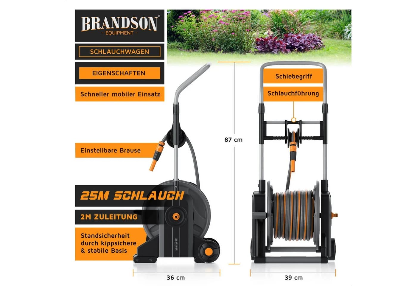 Brandson Schlauchtrommel mit 25 m Schlauch und Fußpedal