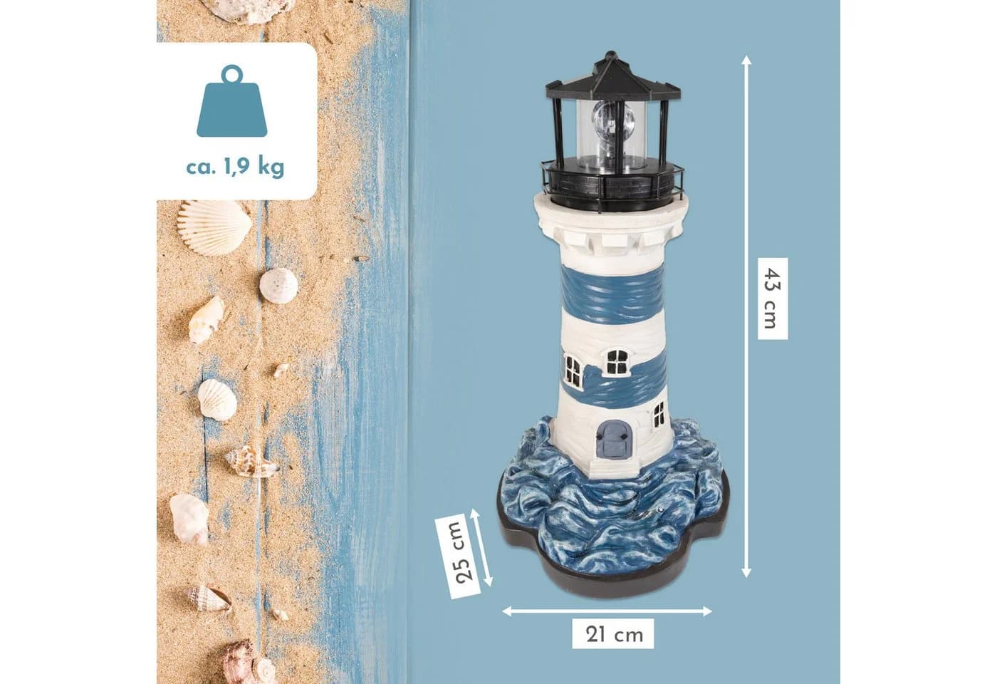 Lemodo Solar-Leuchtturm mit LED-Feuer blau-weiß