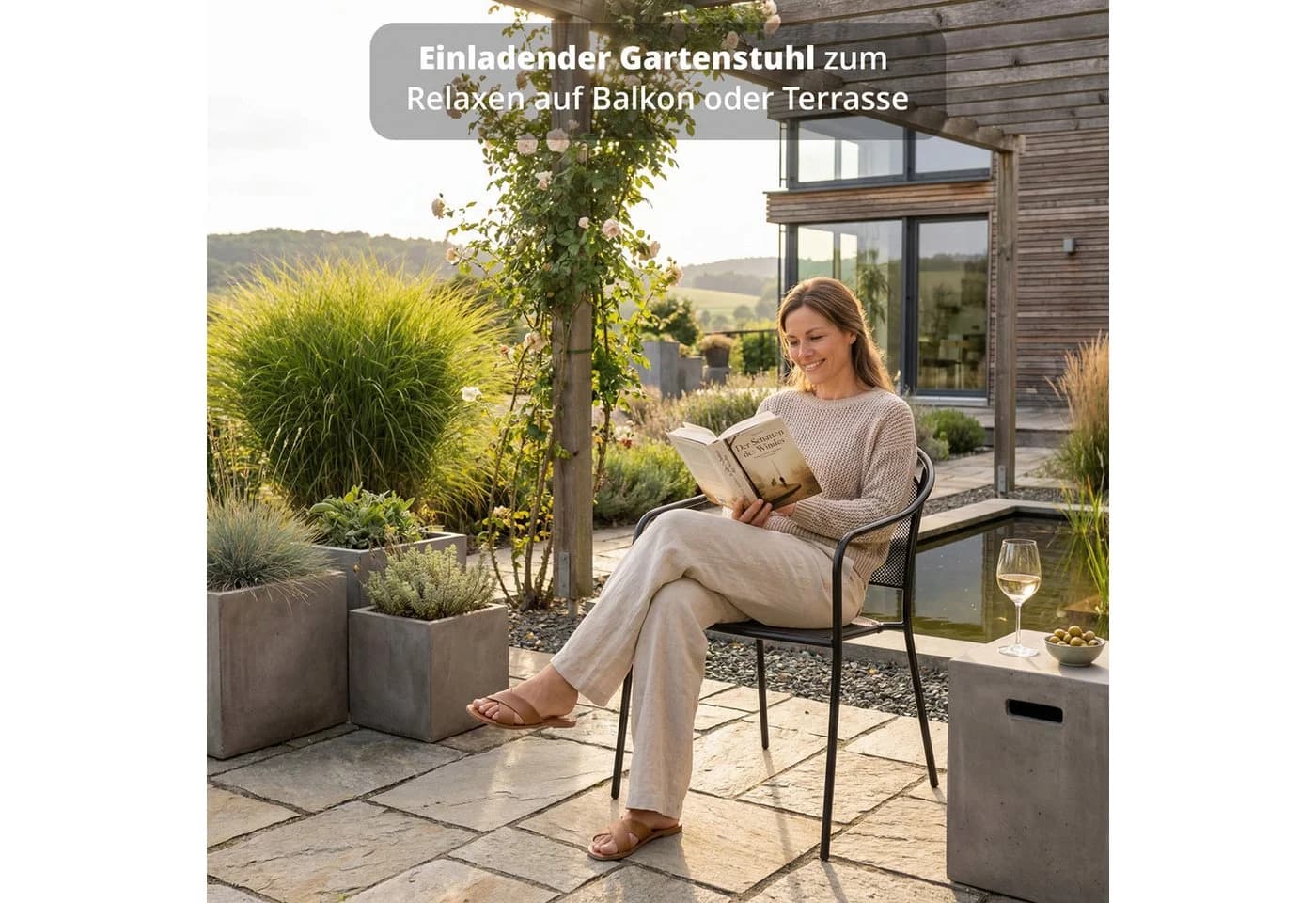 KHG Gartenstuhl mit Armlehnen & Gittergeflecht Anthrazit, stapelbar