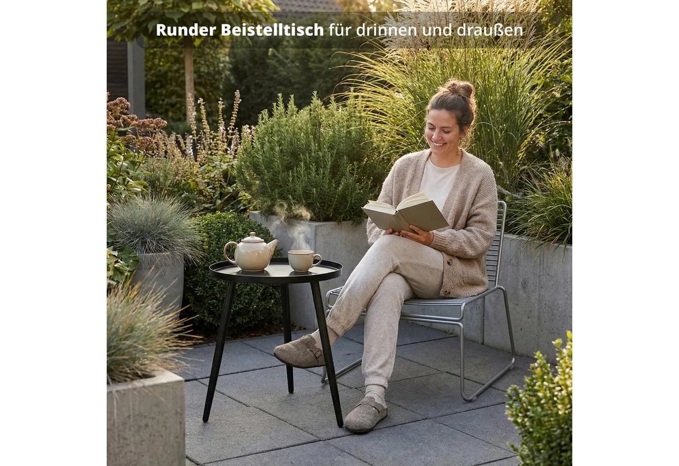 KHG Garten-Beistelltisch Schwarz Stahl mit Schüttrand
