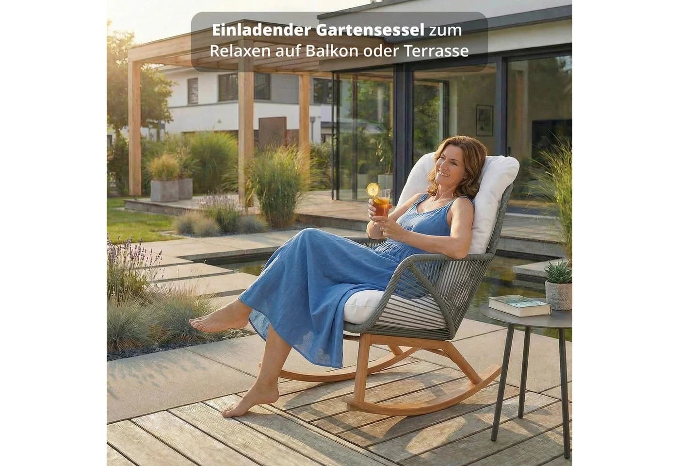 KHG Schaukel-Sessel Grün Aluminium mit Sitzkissen Beige