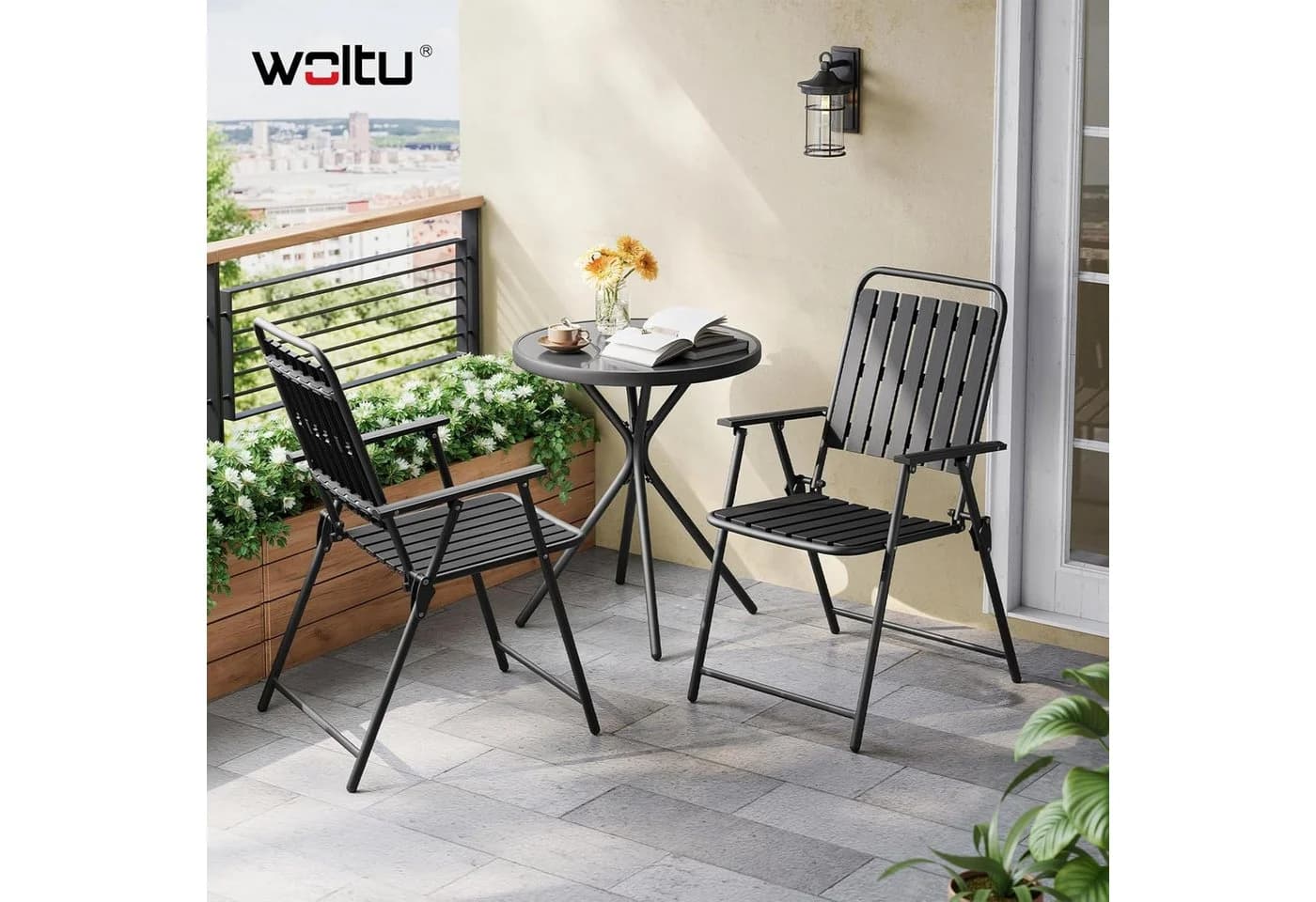 Woltu Balkonset 3-tlg. Schwarz mit klappbaren Stühlen und Glasplatte