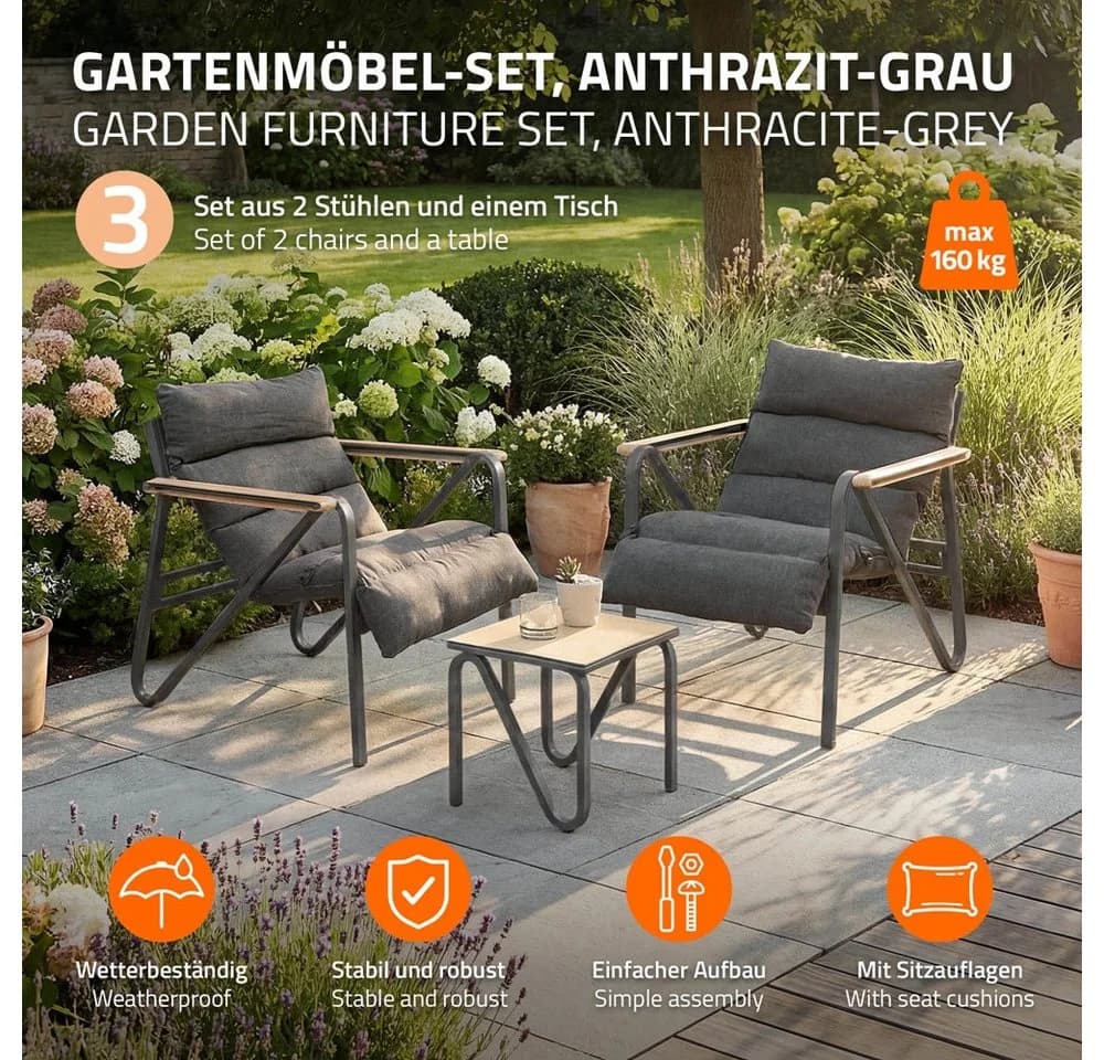 ML-DESIGN Gartenlounge-Set 3-tlg. Anthrazit/Grau mit Keramikglas-Tisch