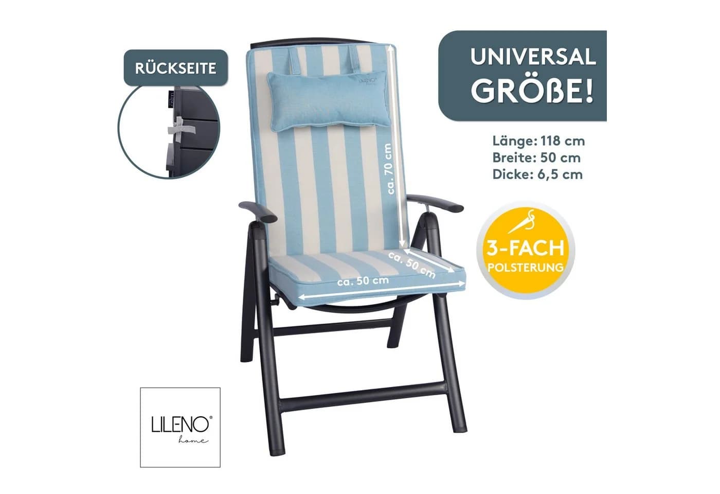 LILENO HOME Hochlehnerauflage mit Kopfkissen Aqua Blockstreifen