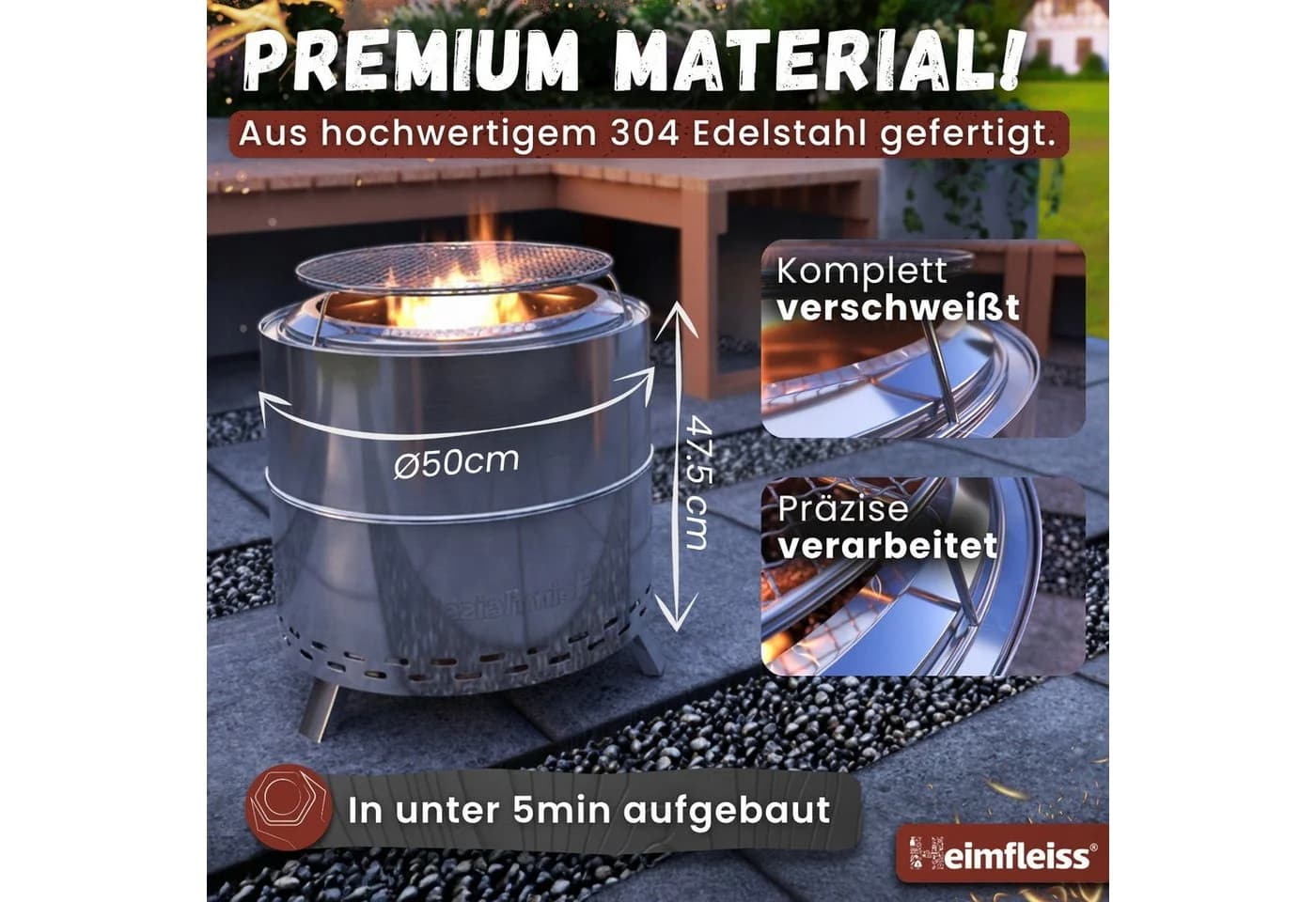 Heimfleiss® Feuerschale Rauchfrei Edelstahl Silber Ø50cm mit Grillrost
