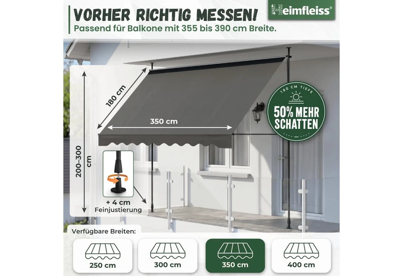 Heimfleiss Klemmmarkise Balkon ohne Bohren Sonnenschutz UPF 50+ Anthrazit