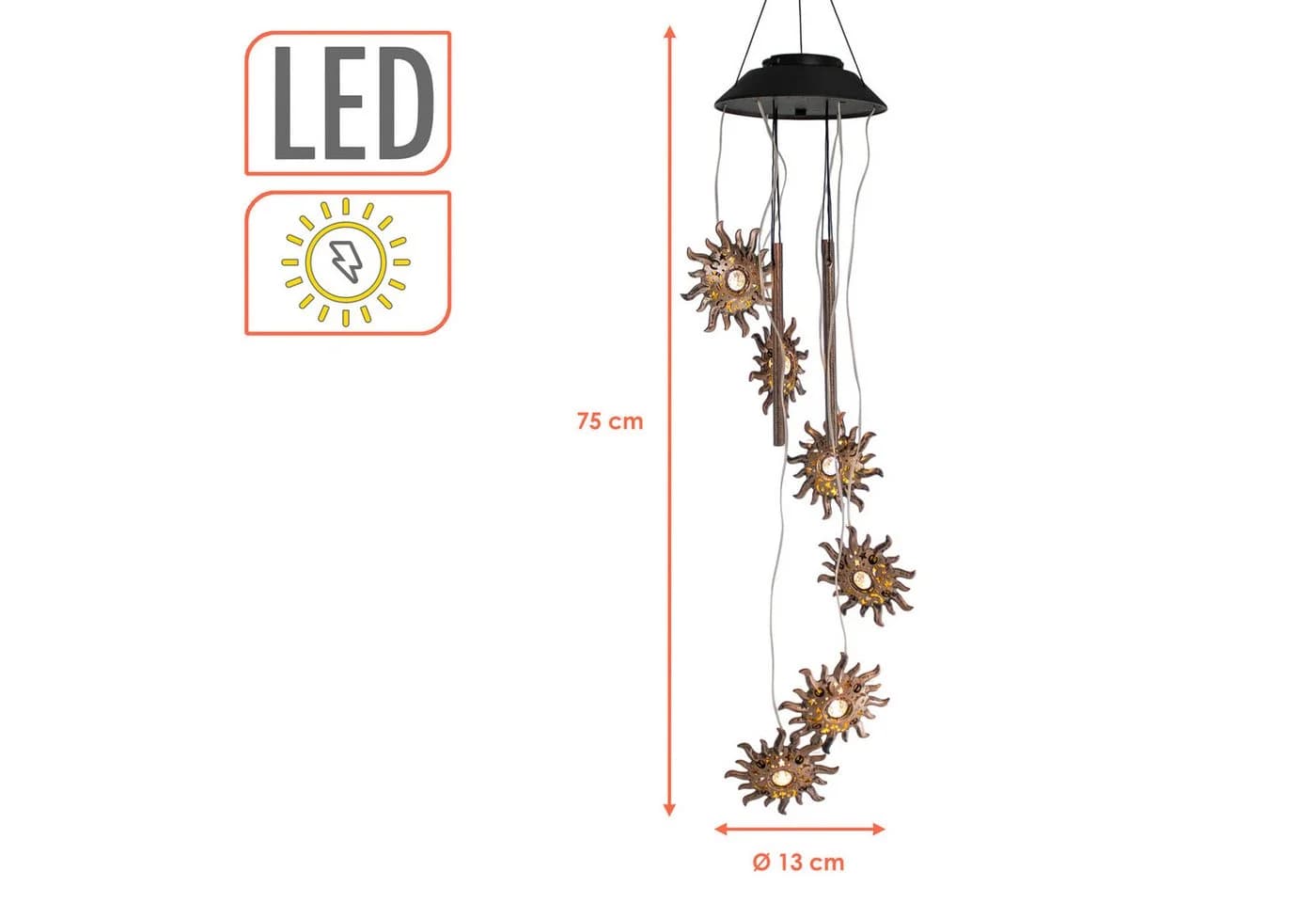 Spetebo Windspiel LED Solar Lichtspiel 75cm - 6 Sonnen & Klangstäbe