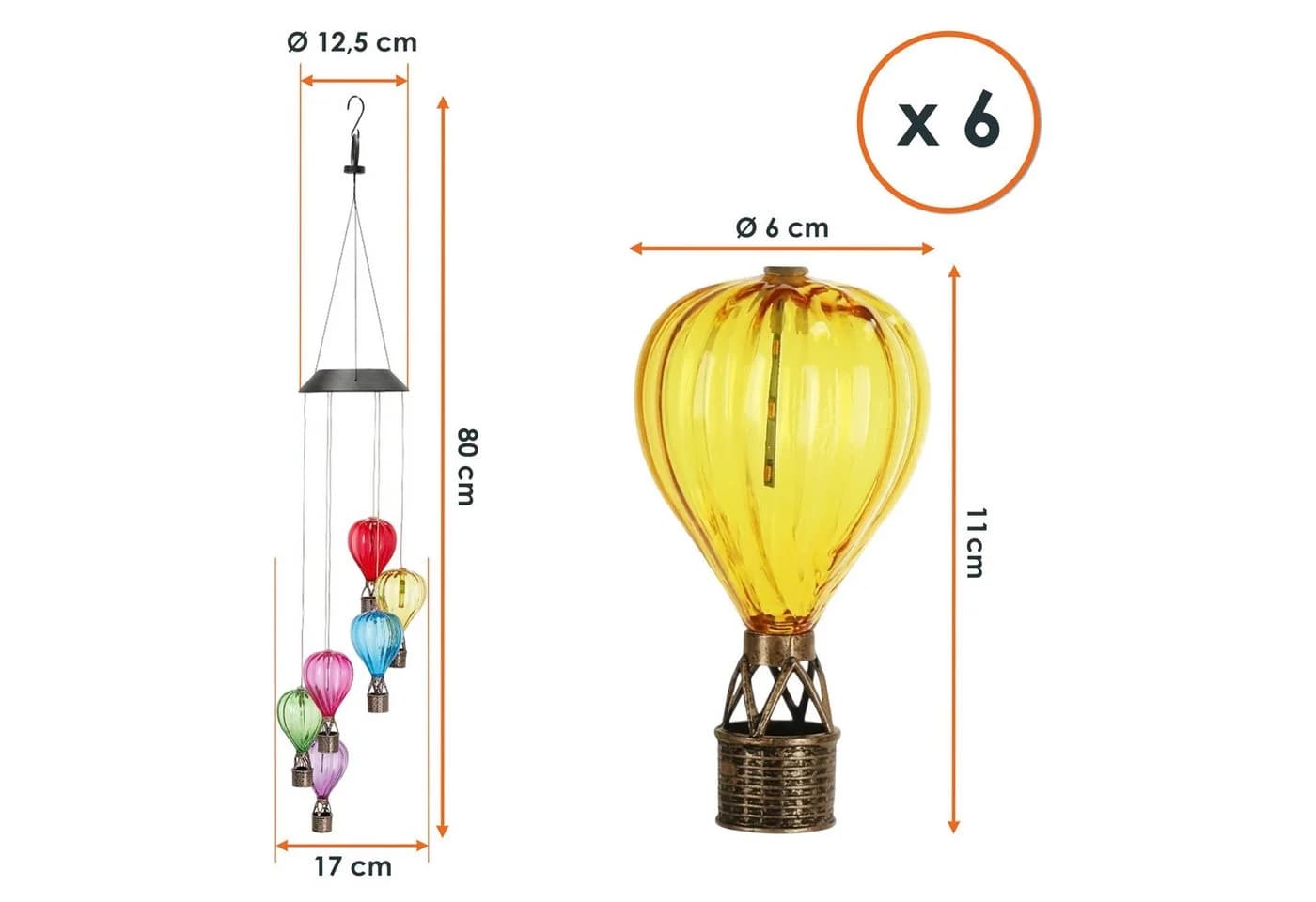 Spetebo Solar Windspiel mit 6 bunten Heißluftballons und Flammeneffekt