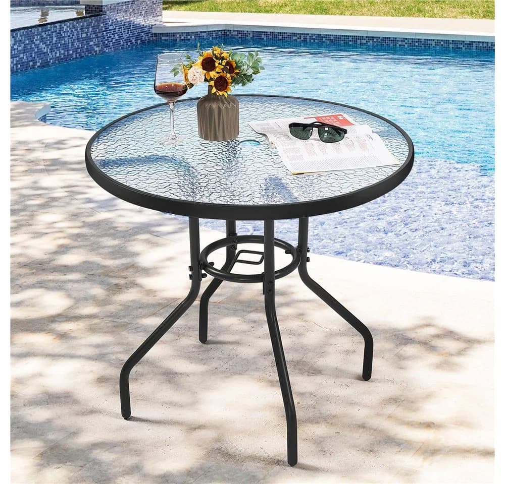 Yaheetech Gartentisch rund Ø70 cm mit Schirmloch & Glasplatte