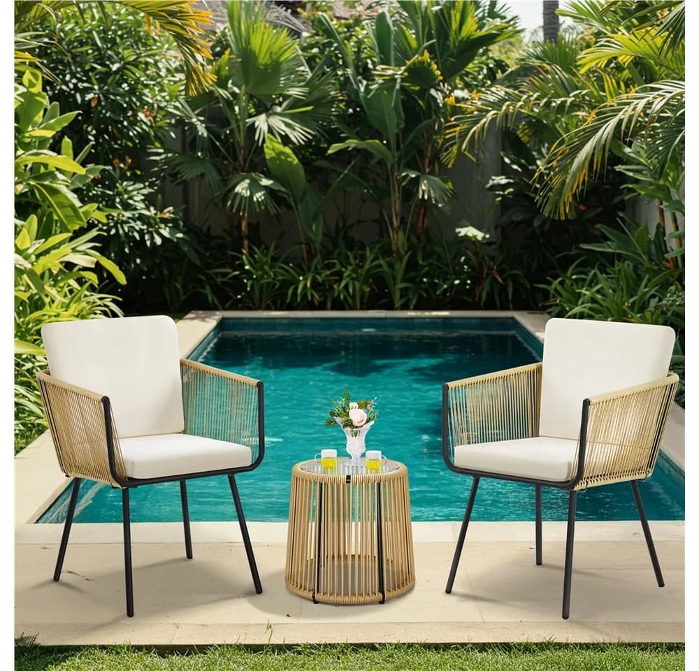 Yaheetech Balkonset 3-teilig Rattan mit 2 Sesseln & Glas-Tisch