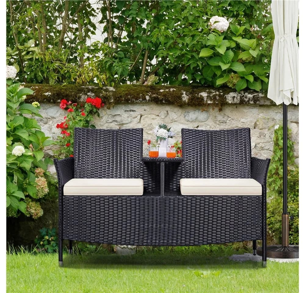 Yaheetech Balkonset 2-Sitzer Polyrattan Gartenbank, Gartenstuhl Gartensessel Zweisitzer-Stuhl Doppelsessel Tischfunktion