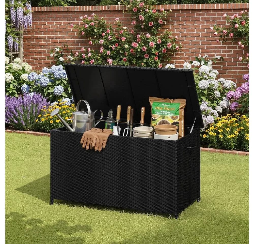 Yaheetech Auflagenbox Gartenbox mit Deckel & Rollen - Schwarz