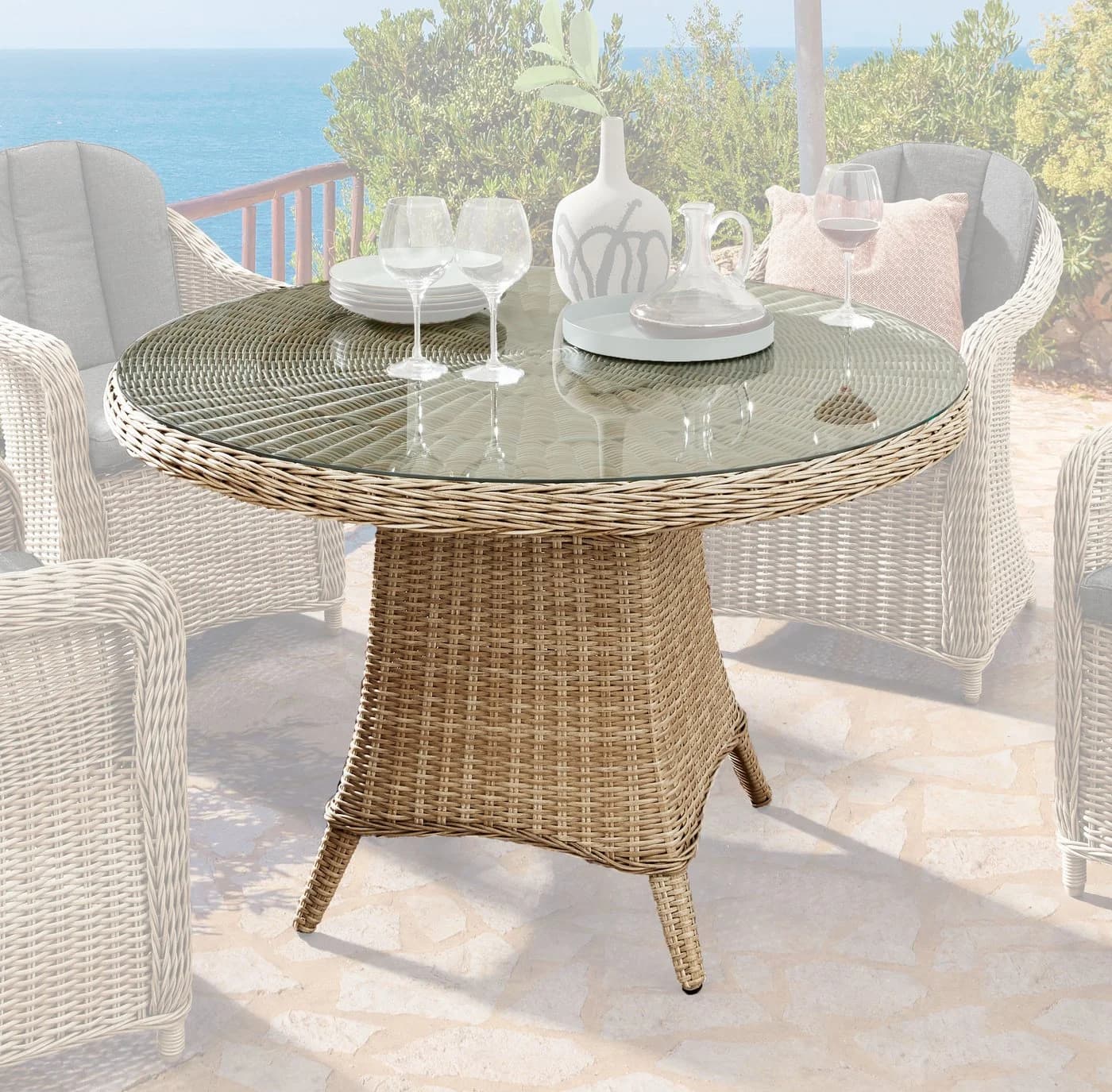 Destiny LUNA Gartentisch Rund Beige Aluminium Polyrattan Glasplatte