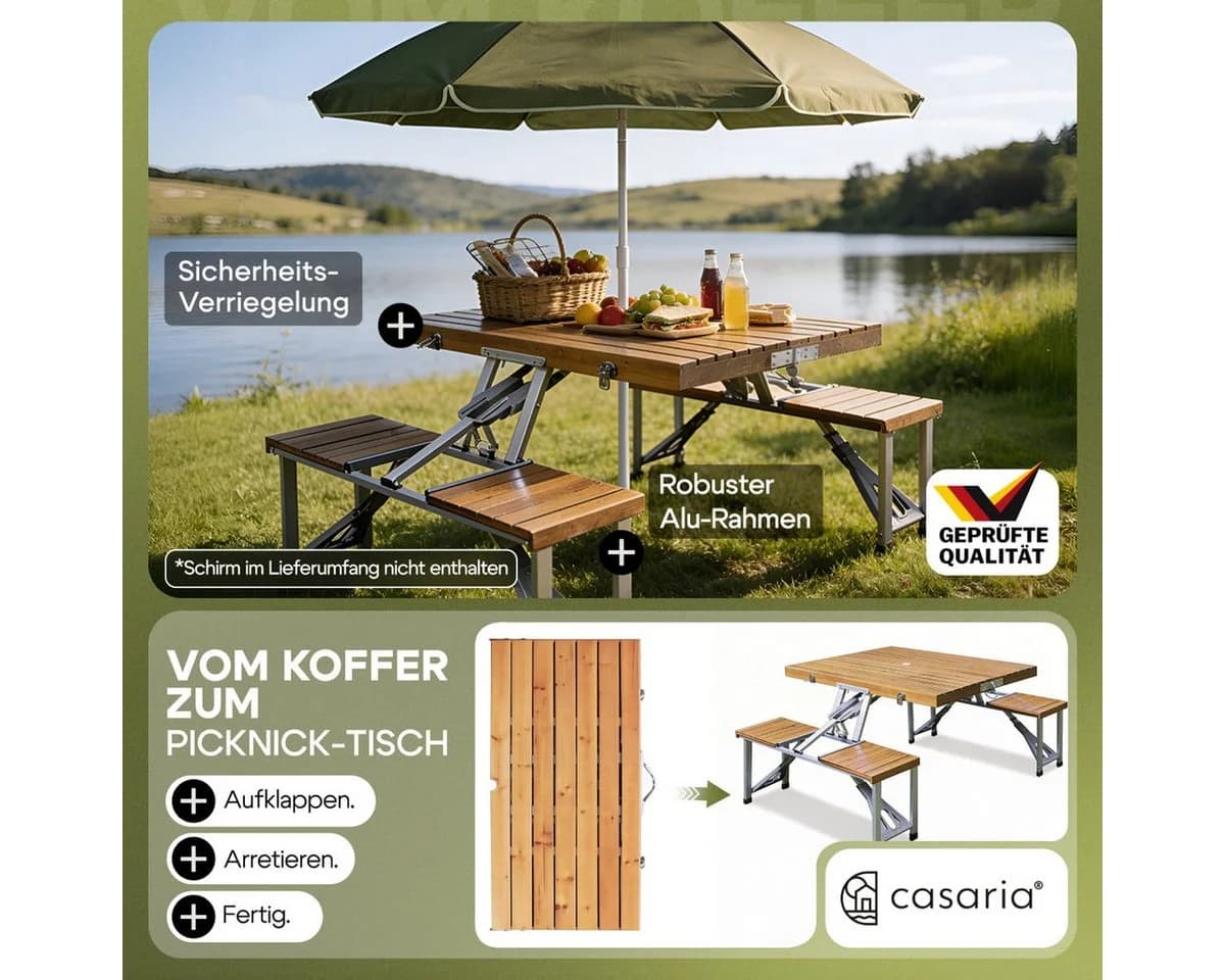 Casaria Campingtisch klappbar mit 4 Hockern, Schirmhalter, Aluminium & Holz