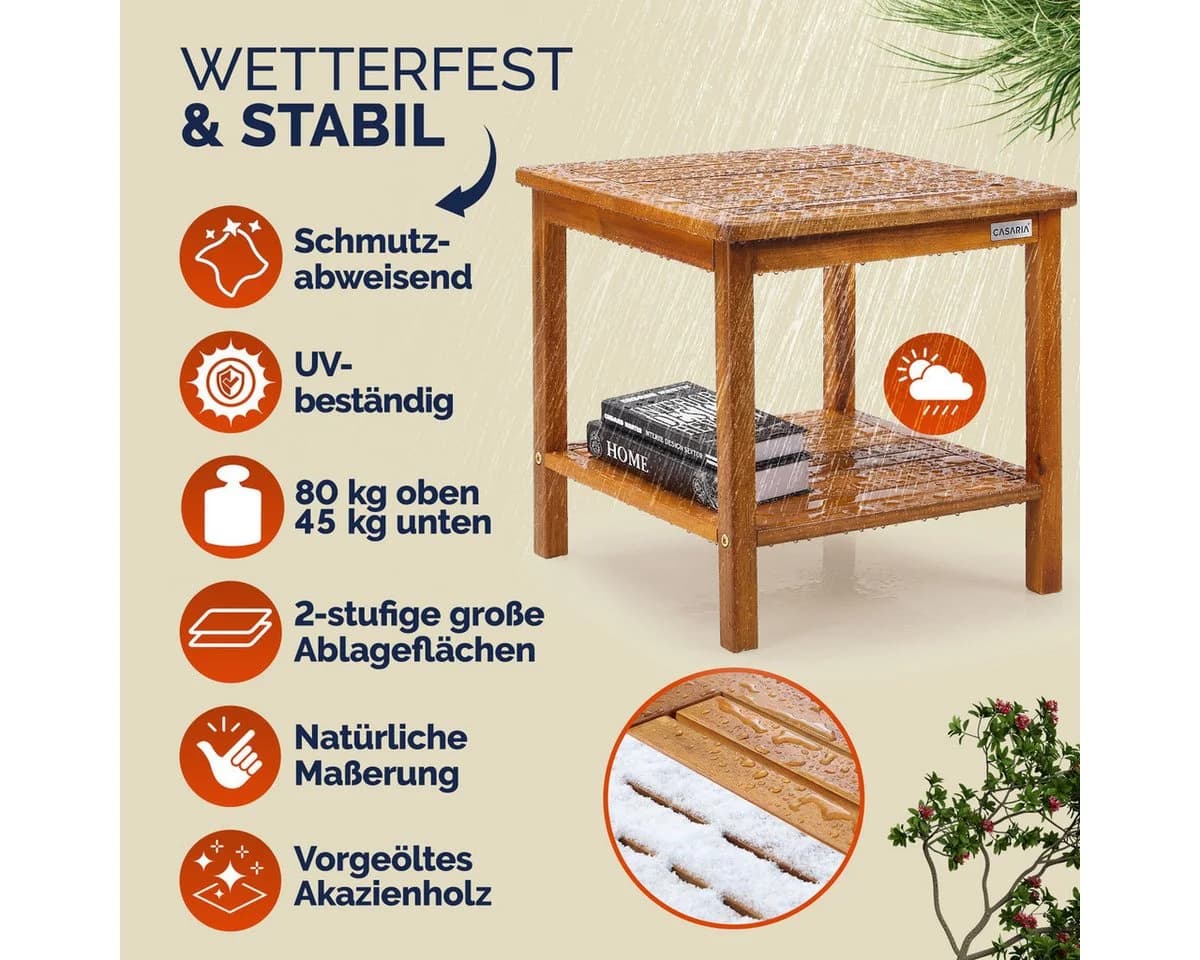 Casaria Beistelltisch Washington Akazienholz Wetterfest 2 Ablagen