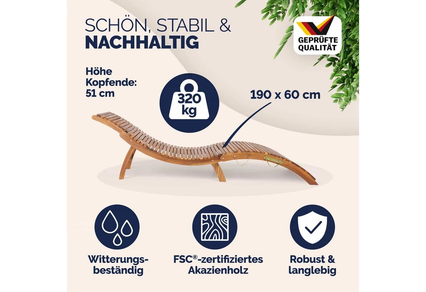 Casaria Gartenliege Braun FSC®-zertifiziert Akazie Klappbar