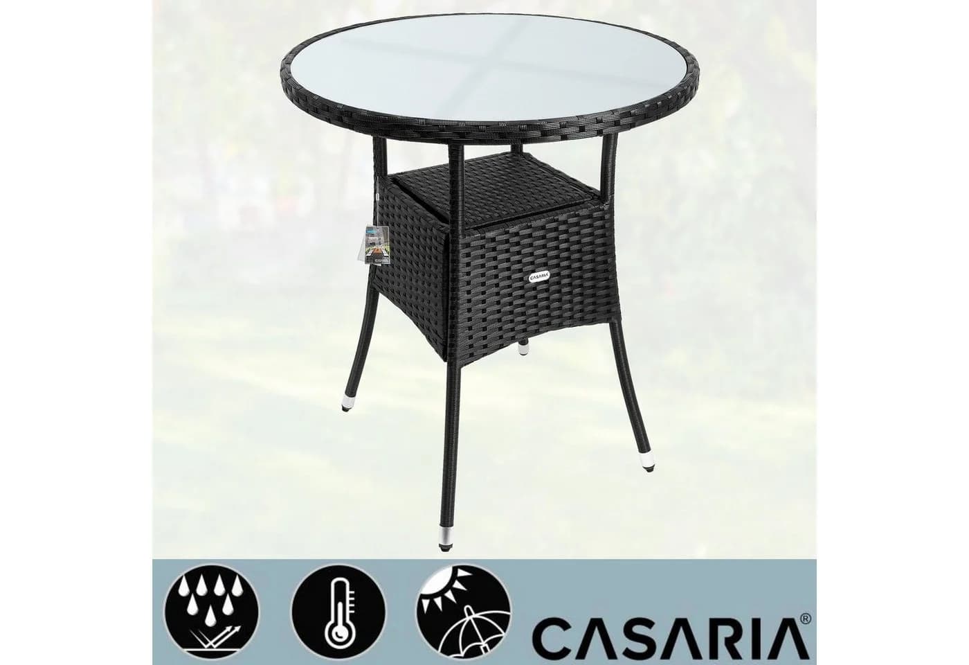 Casaria Gartentisch Polyrattan Rund Glas Höhenverstellbar Schwarz