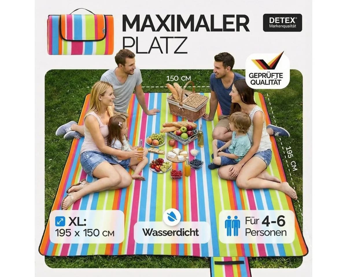 Detex Picknickdecke XL 195x150 cm Wasserdicht Wärmeisoliert Bunt