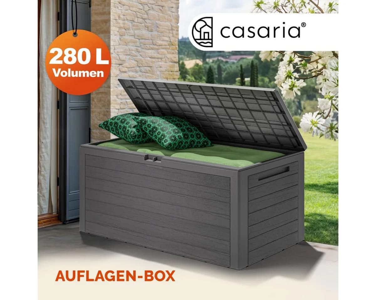 Casaria Auflagenbox Woody 280L UV-beständig Griffmulden Verschließbar Balkon Holz-Optik Grau