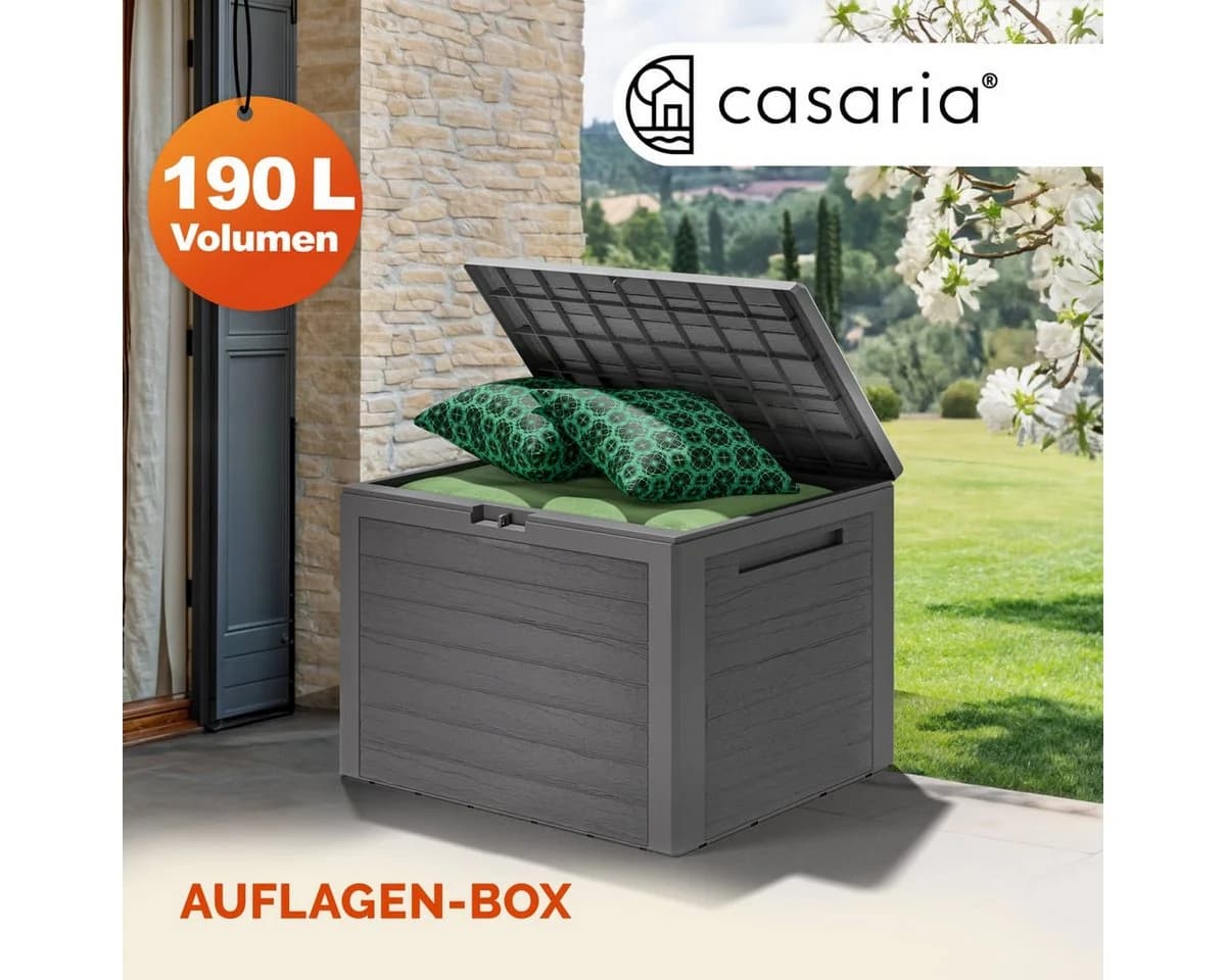 Casaria Auflagenbox Lille Grau 190L UV-beständig Holz-Optik